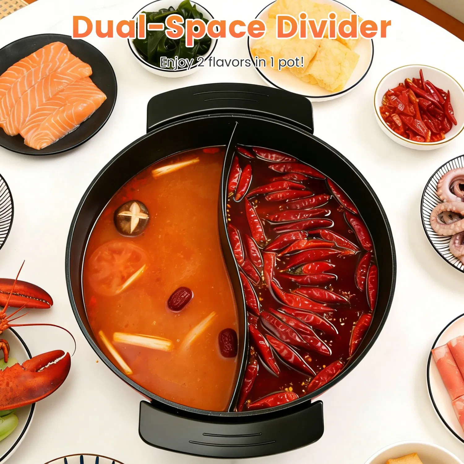 Dual-Flavor Electric Hot Pot 6L with Divider, 5 Temperature Control Non-Stick Shabu Shabu Pot, Complete Accessories Electric Cooker for Home Party Family Dinners photo 7
