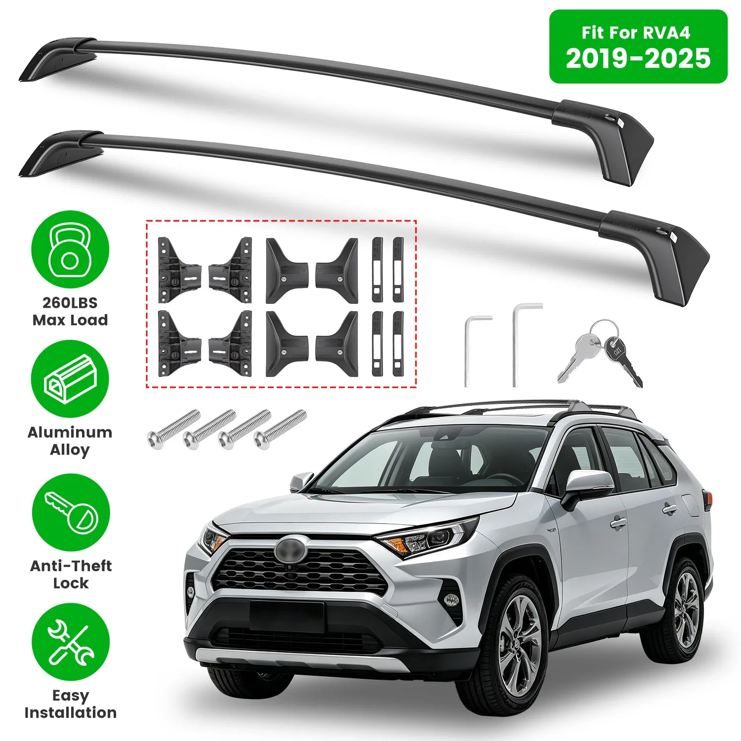 Roof Rack Cross Bars Fit for Toyota RAV4 2019-2025 Aluminum Roof Rails Cargo Crossbars for Flush Side Rails Heavy Duty Rooftop Carrier Anti-Theft Lock for Kayak Bike Luggage 260lbs Capacity photo 1