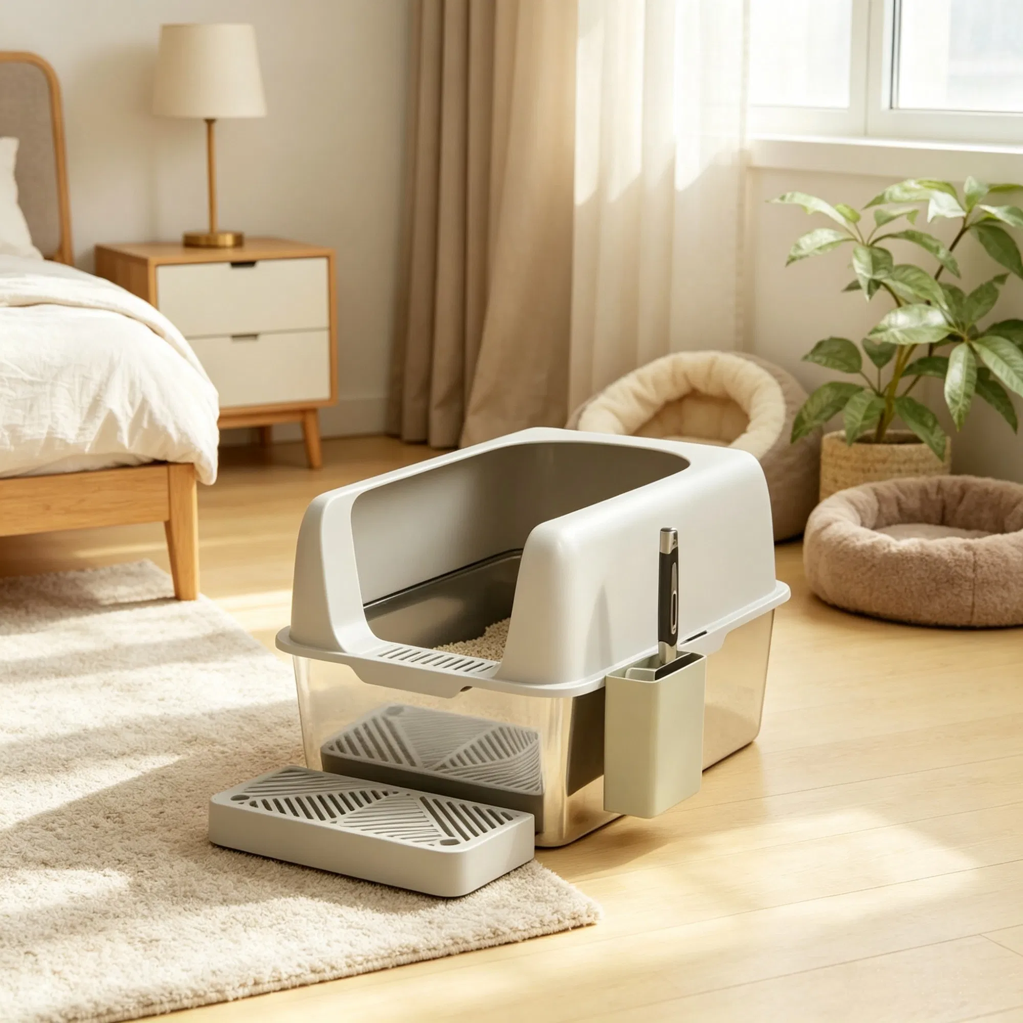 Light Gray 2 Pack High Sided Stainless Steel Litter Box Anti-Urine Leakage for Multi-Cat Households photo 5