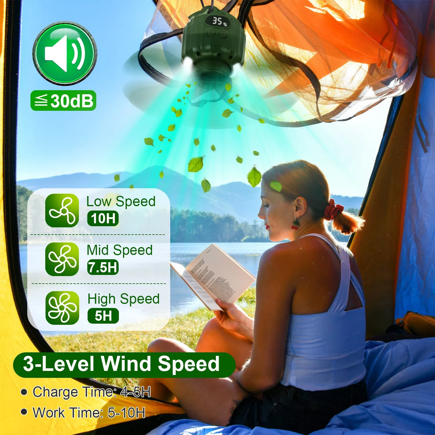 Rechargeable 3-in-1 Camping Fan, LED Lantern Hanging Fan with Large Capacity Battery, USB Power Bank, Low Noise & Timer Function for Outdoor Adventures photo 2