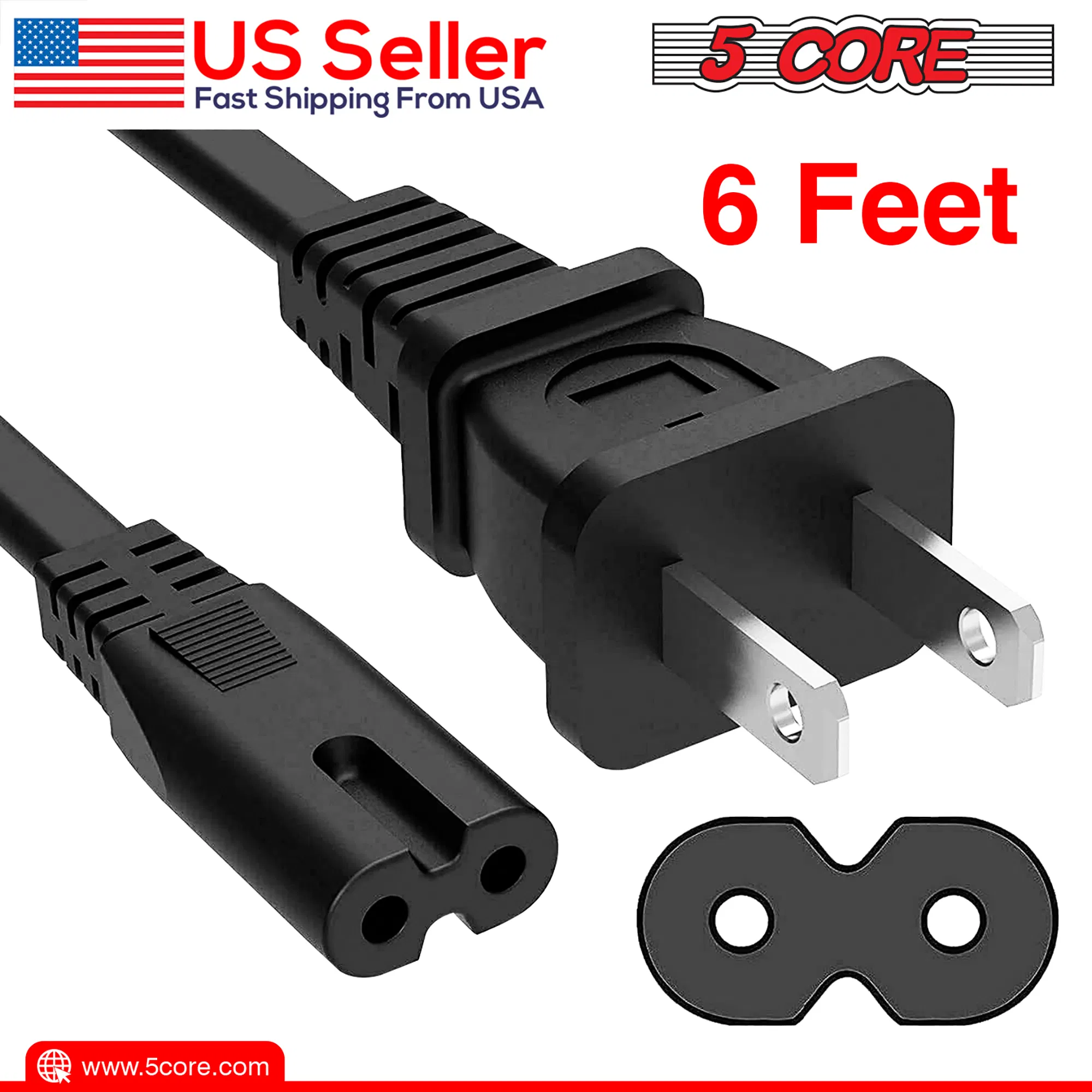 5 Core AC Power Cord 6 Ft ? 2 Prong US Male to Female Extension Adapter ? 16AWG/2C 125V 13A 1/2/5 Pc - PP 1001 photo 8
