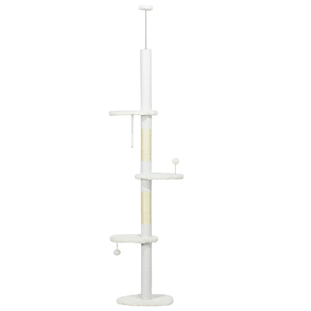 88.5"-100.5" Floor to Ceiling Cat Tree, Cat Tower with Scratching Posts, Cloud Shaped Platforms, Dangling Balls, White photo 2