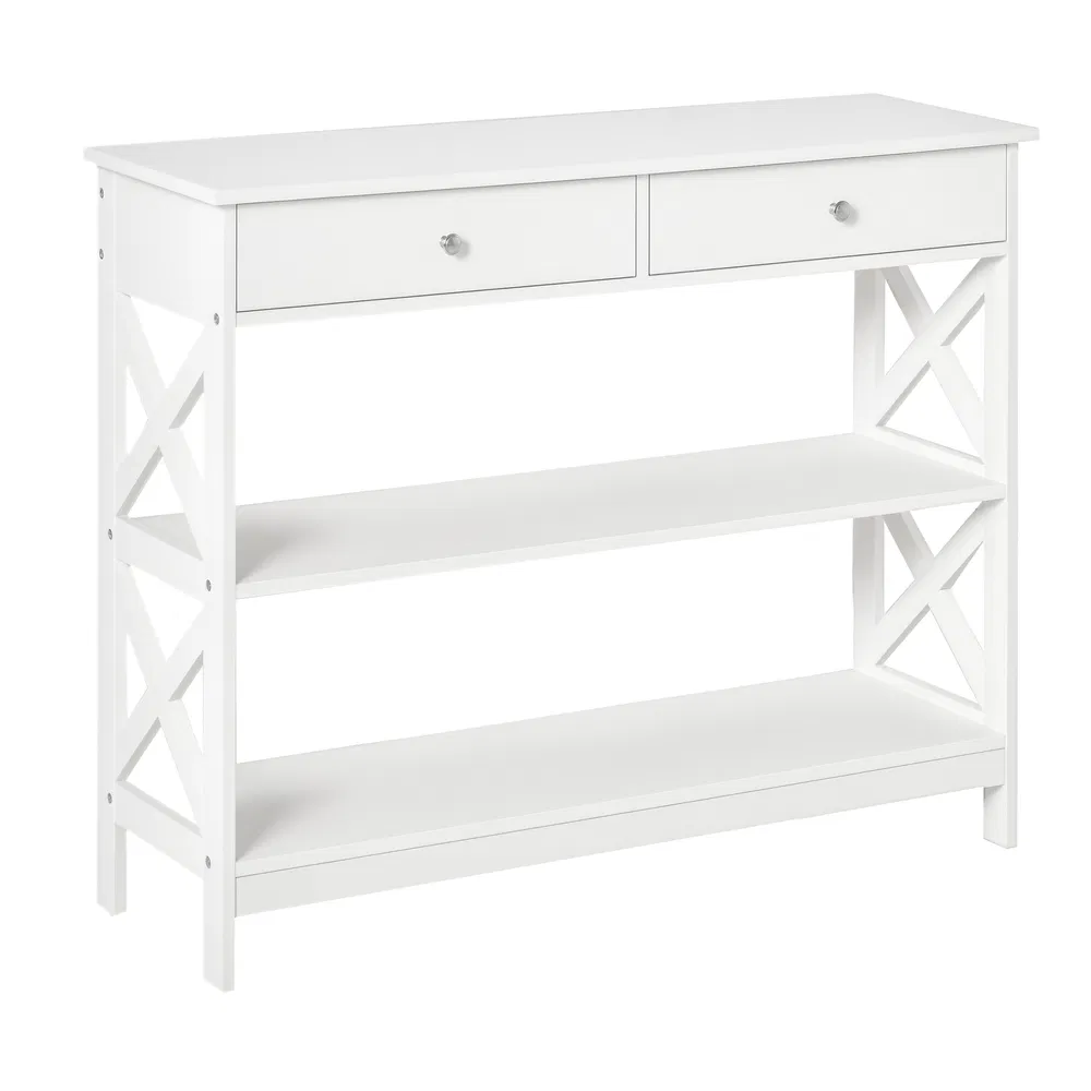 39" Console Table, Narrow Entryway Table with Storage Shelves, Drawers and X Frame for Behind Couch, Living Room, Hallway, White photo 2