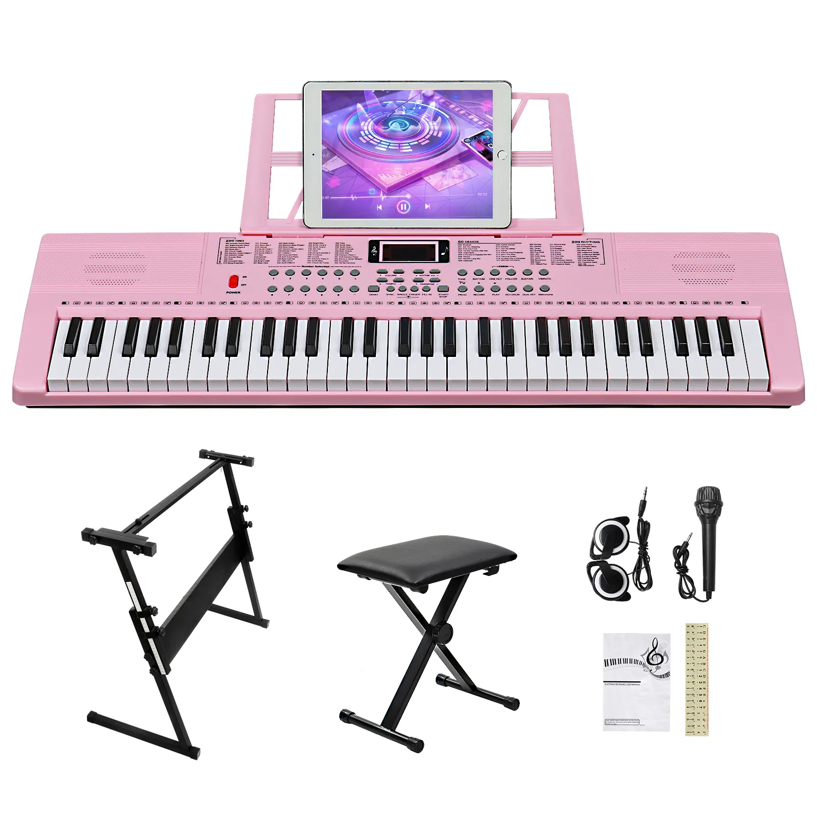 [Do Not Sell on Amazon]GEP-110 61 Key Keyboard with Piano Stand, Piano Bench, Built In Speakers, Headphone, Microphone, Music Rest, LED Screen, 3 Teaching Modes for Beginners photo 1