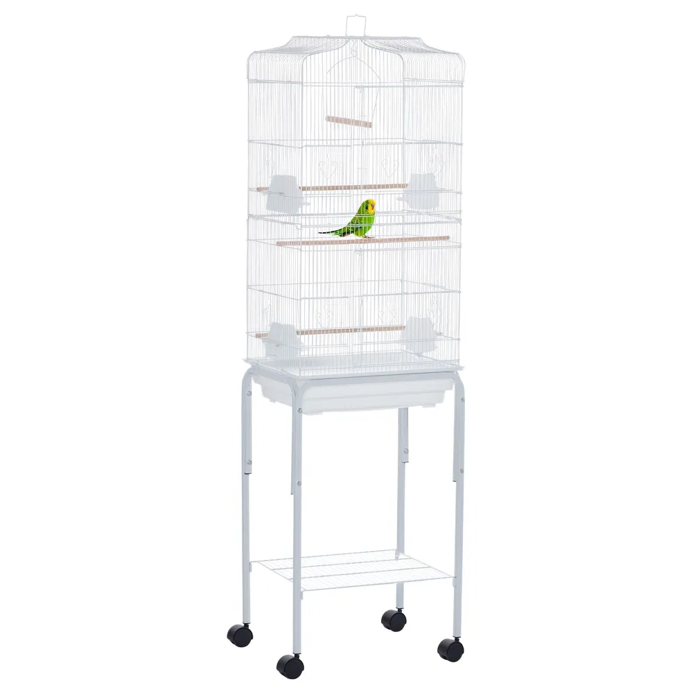 62" Rolling Bird Cage Cockatoo House Play Top Finch Pet Supply with Storage Shelf, Wheels - White photo 2