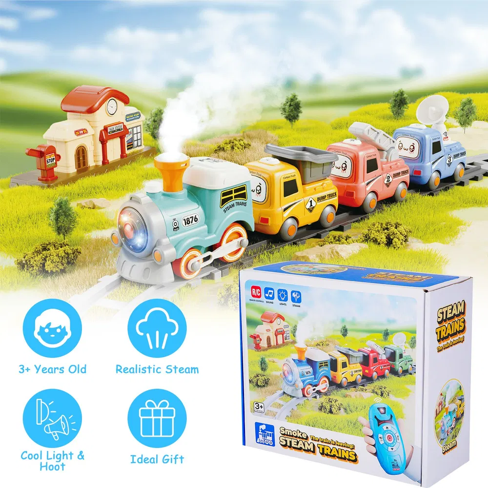 Kids Electric Train Set with Remote - Immersive Play with Authentic Train Sounds, Smoke Effects & Colorful Lights, Magnetic Connection Locomotive + 3 Trucks, Easy Assembly Tracks & Accessories, Perfec photo 2