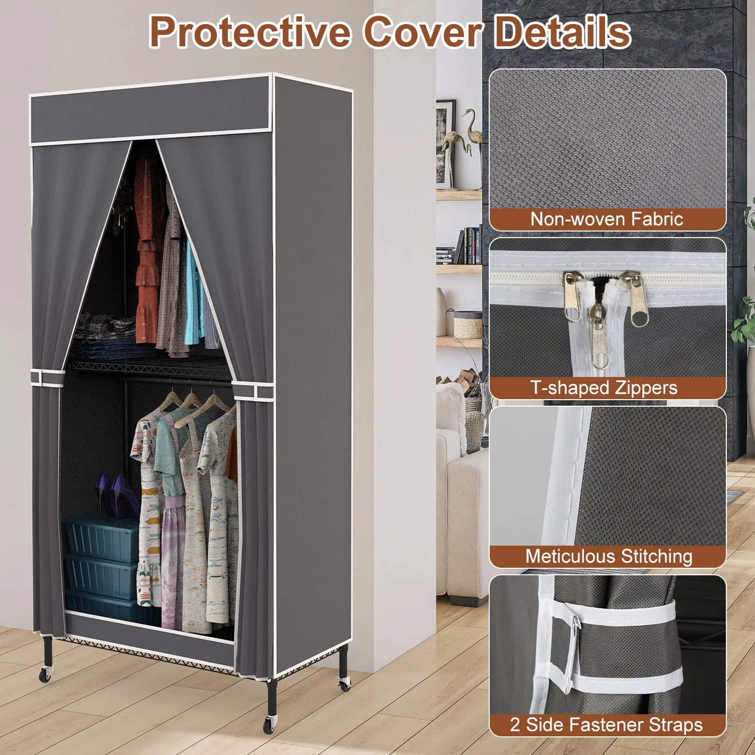 2 Tier Clothing Rack With Cover Portable Wardrobe Closet Covered Garment Rack with 4 Wheels 2 Hanging Rods 2 Hook Racks 35.43x17.13x72.44in photo 7