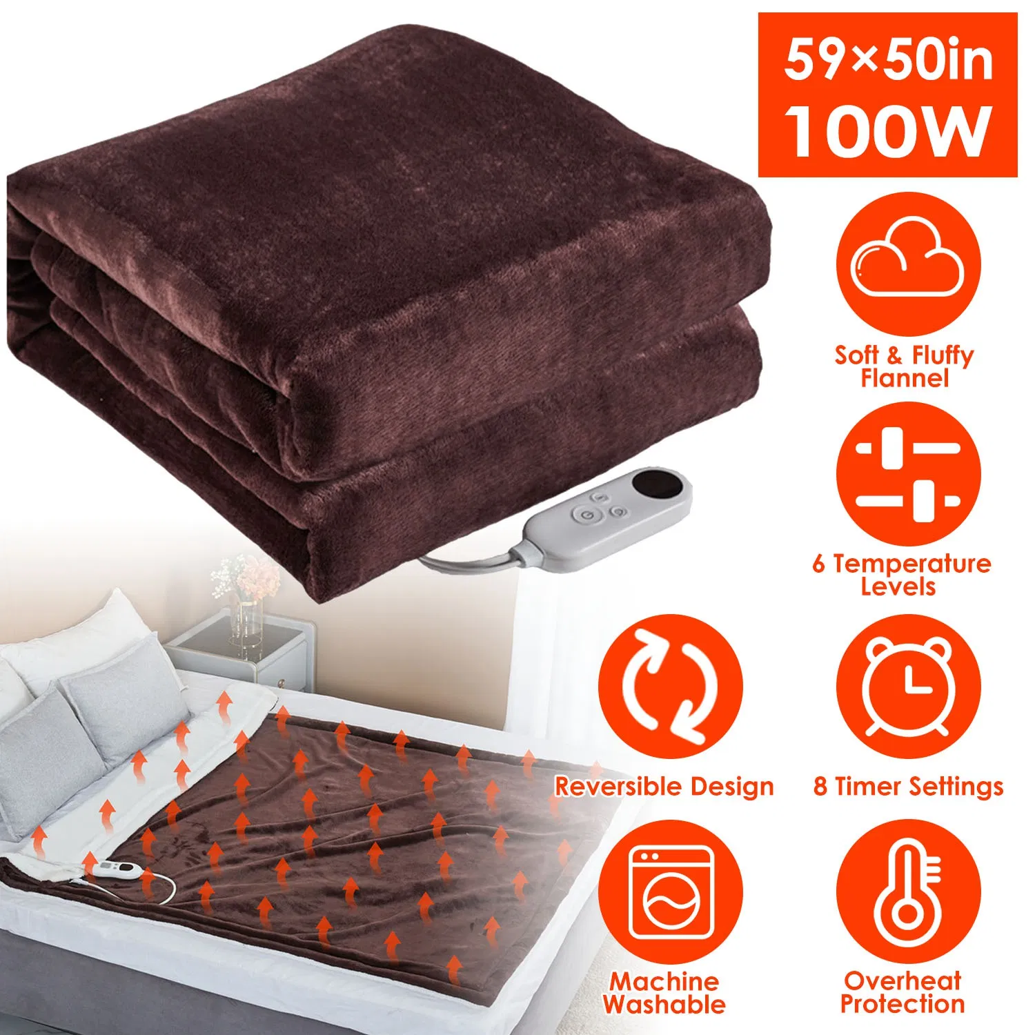 Electric Heated Flannel Throw Heated Blanket with 6 Heat Settings 1-8 Hours Auto off Washable for Home Office Usage 59x50in photo 1