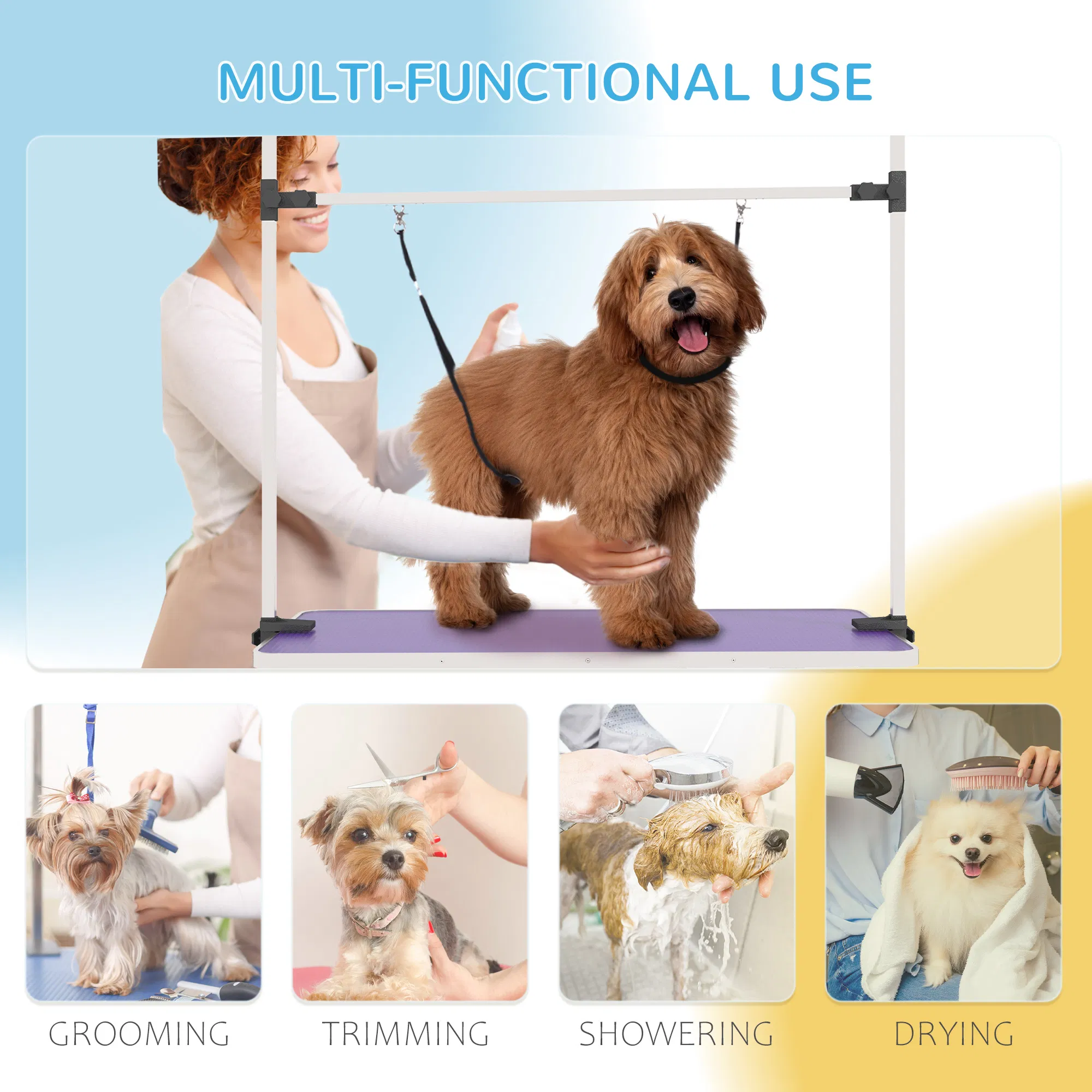 Adjustable Dog Grooming Table with 2 Safety Slings, Storage Basket, Purple photo 3