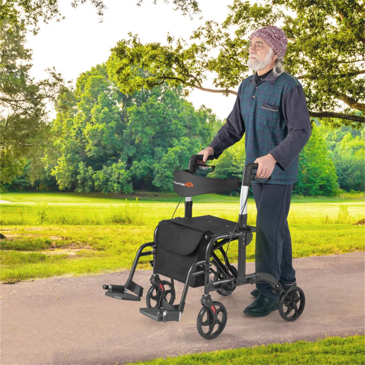Foldable Rollator Walker with 8" Wheels Handbrake Storage Bag Cane Holder for Seniors & Rehabilitation Black photo 4
