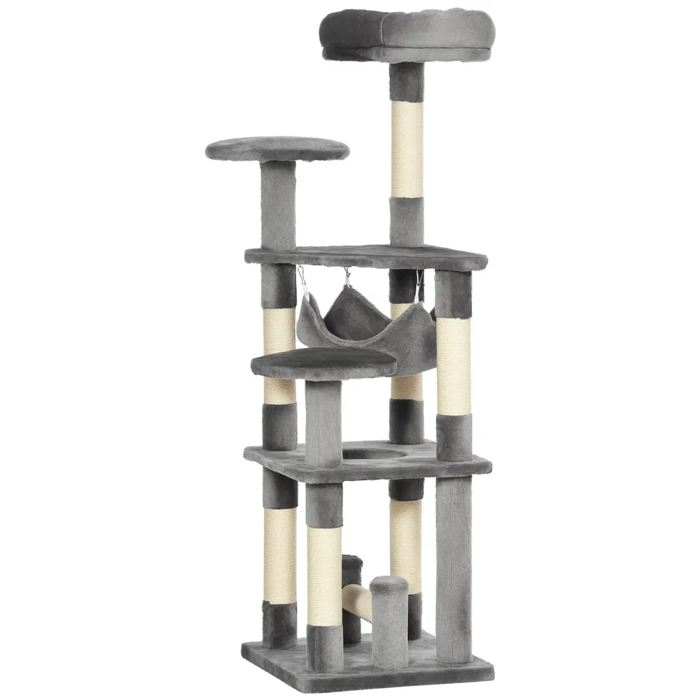 52" Multi-Level Cat Tree Tower, Kitten Scratcher Activity Center Play House with Hammock - Grey photo 2
