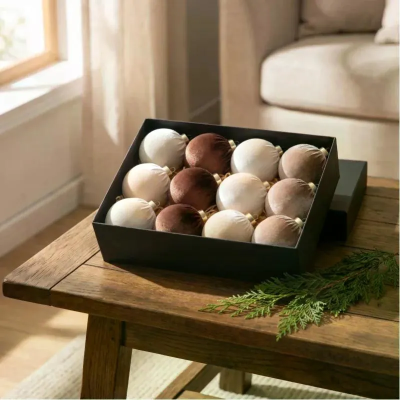 12Pcs Velvet Christmas Balls Ornaments Set, 80mm(3.15inch) Fabric Wrapped Xmas Baubles, Neutral Coffee Cream White Hanging Decorations for Christmas Tree Holiday Home Party photo 6