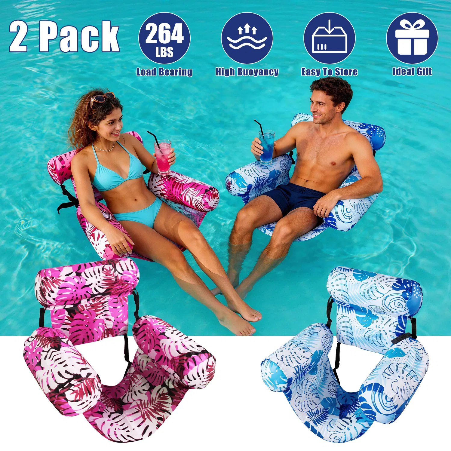 2 Pack Inflatable Pool Floats for Adult Inflatable Hammocks Floating Lounge Chairs for Party Summer Water Beach Lake Fun photo 1