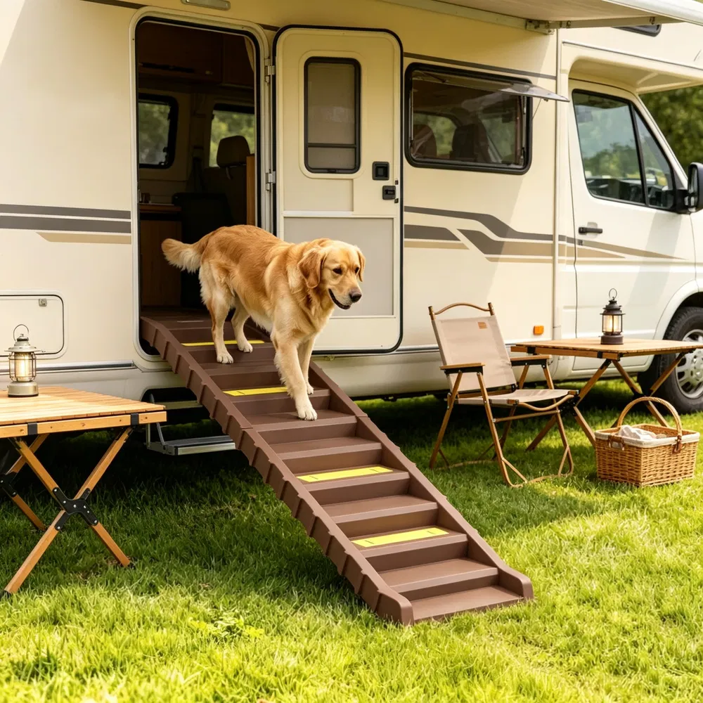 Brown Portable Dog Ramp Foldable Stairs for Medium Small Dogs to Get on Car Truck SUV photo 2