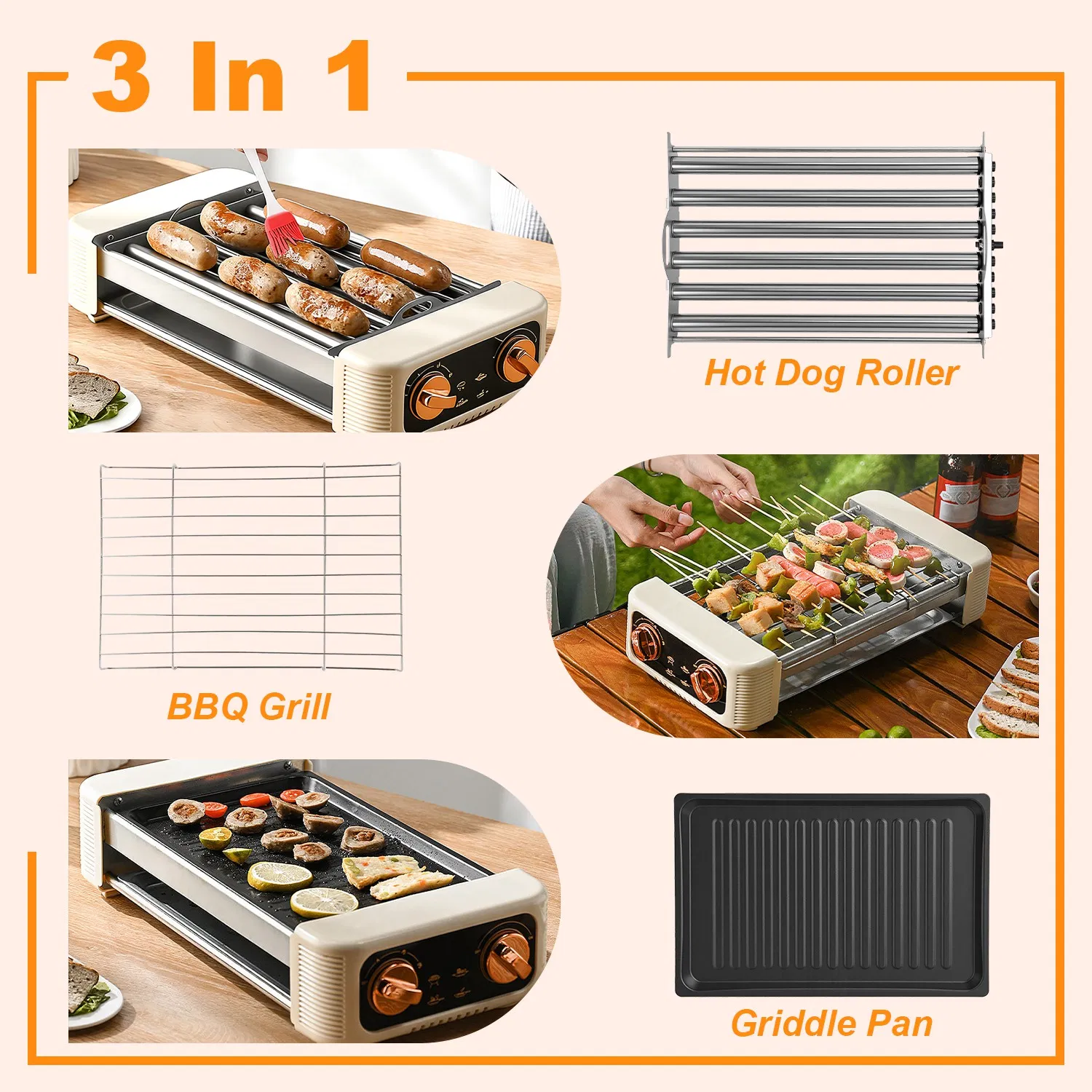 Multifunctional Electric Hot Dog Roller Machine, 3-in-1 Sausage Grill with Non-Stick Griddle, Smokeless BBQ Grill for Home, Dorm, RV, Party, Overheat Protection photo 3