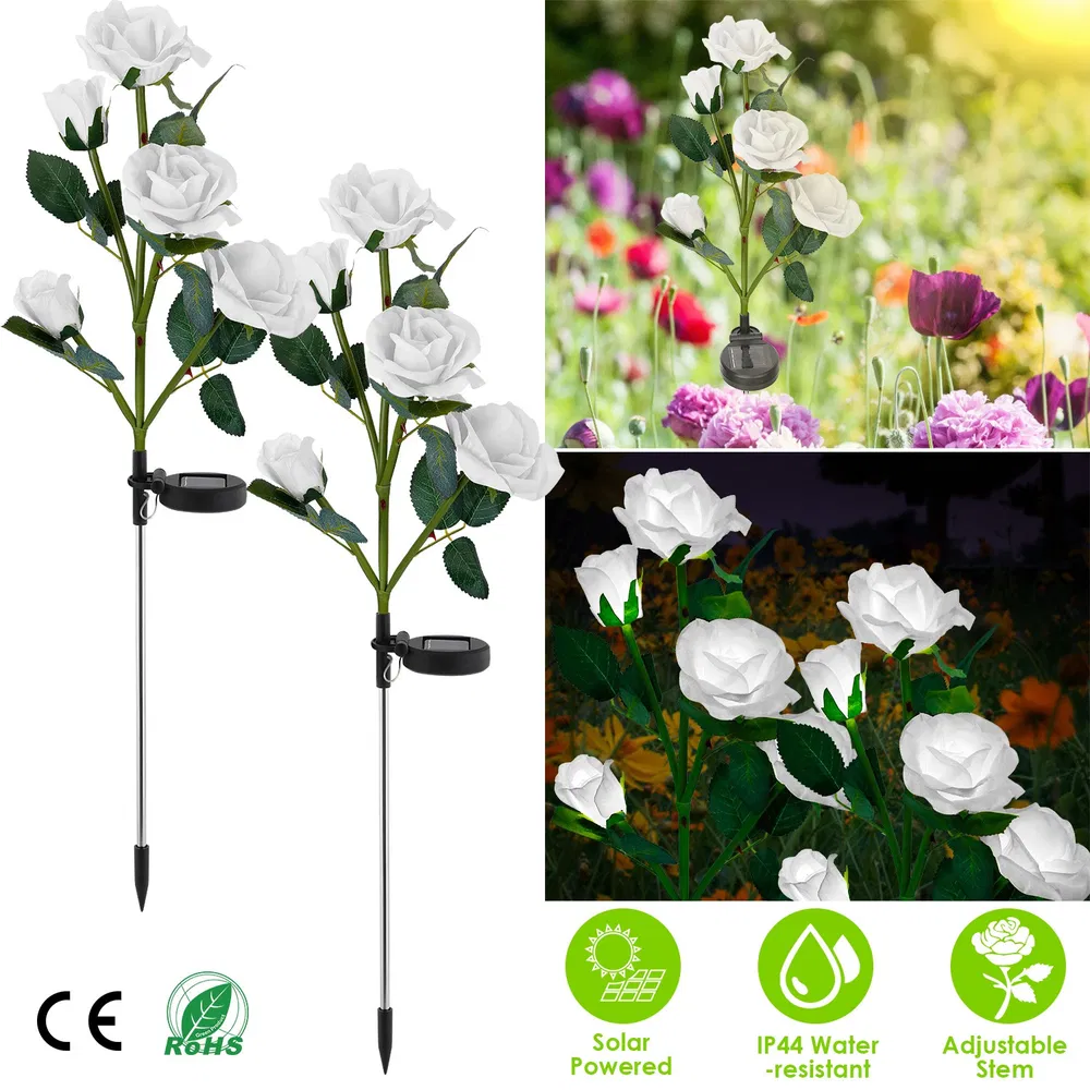 2Pcs Solar Powered Lights Outdoor Rose Flower LED Decorative Lamp Water Resistant Pathway Stake Lights For Garden Patio Yard Walkway photo 2