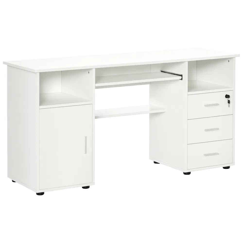 Computer Desk with Keyboard Tray and Drawers, Writing Desk, Home Office Workstation, White photo 2
