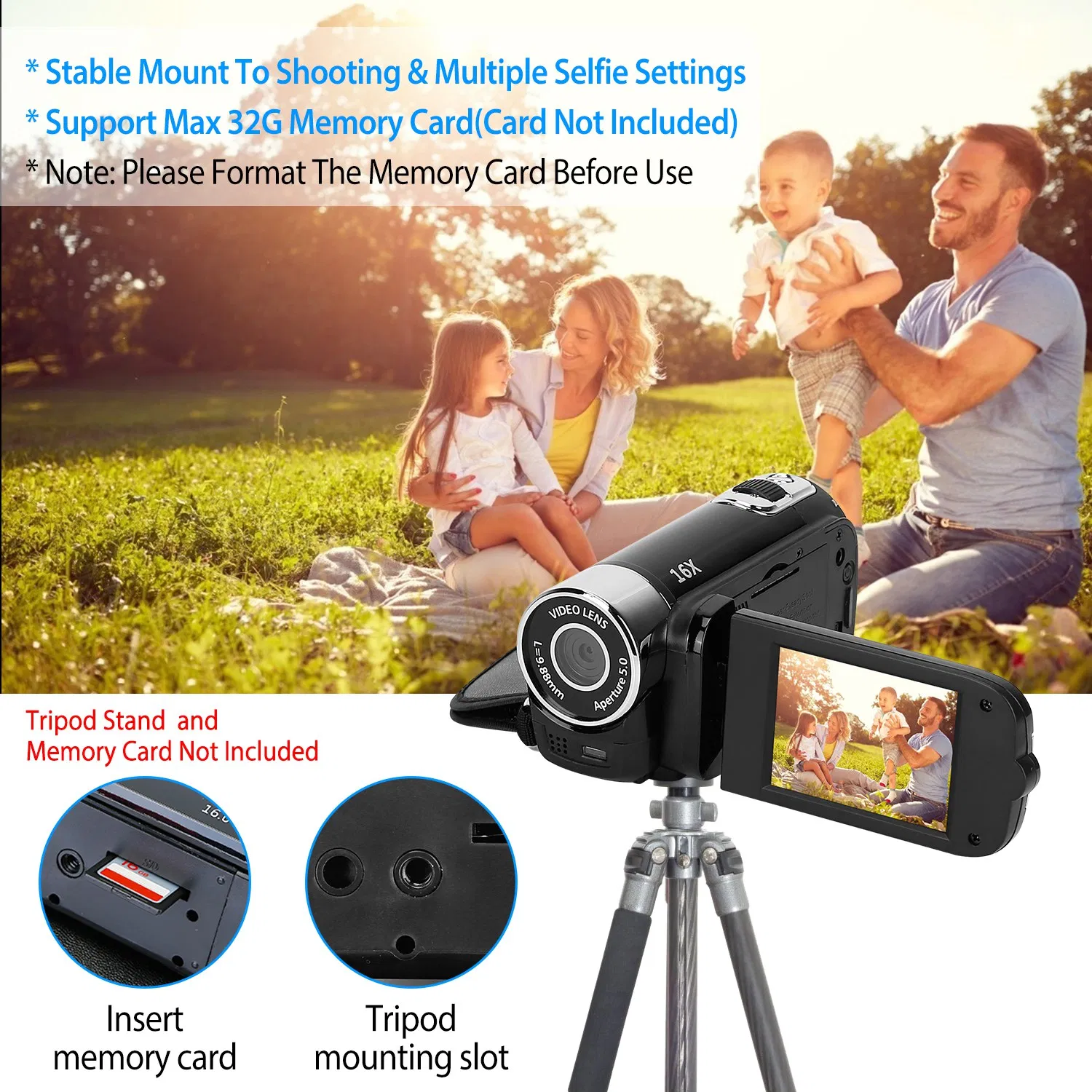 HD 1080P Digital Video Camcorder 2.7in 16X Zoom DV Camera 270° Rotation Rechargeable Kid Camera w/Fill Light Selfie photo 1