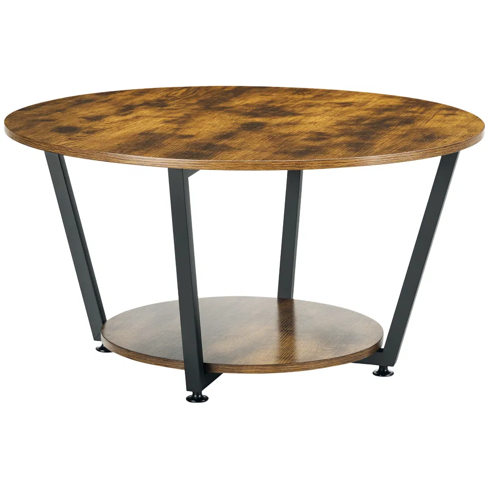 2-Tier Round Coffee Table with Storage Shelf, Industrial Center Table with Steel Frame for Living Room, Rustic Brown photo 2