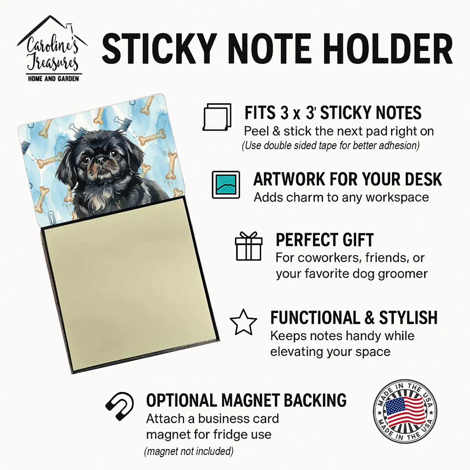 Black Pekingese Coworker Watercolor Sticky Note Holder Refillable Dispenser Desk Accessory 3x3 Pad Gift photo 4