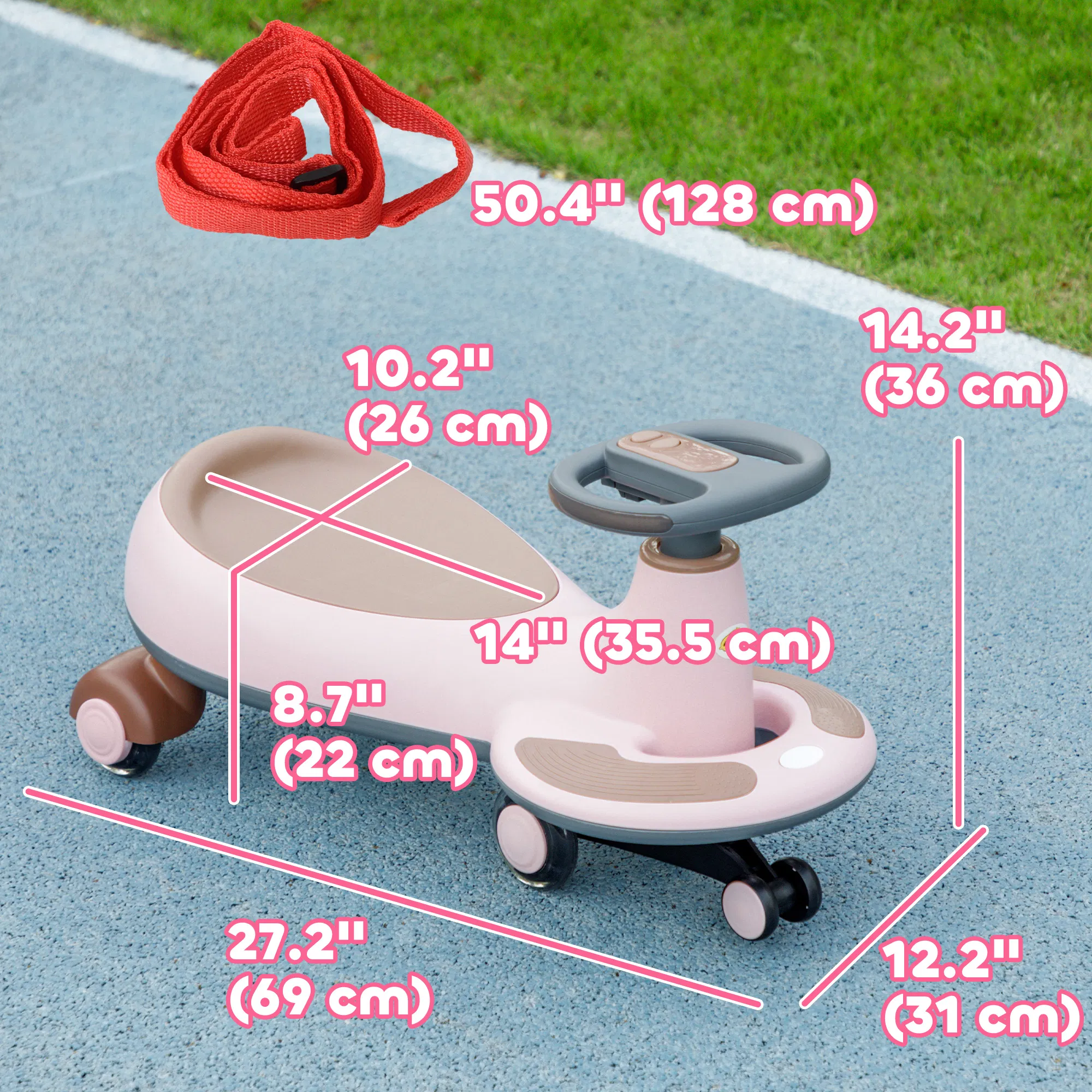 Kids Wiggle Car w/ Parent Traction Rope, Music, Light, Pink photo 2