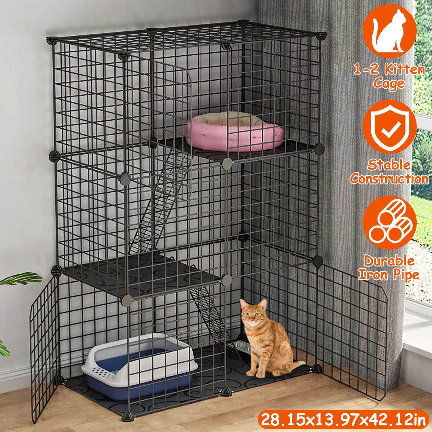 3 Tier Cat Playpen Cage Metal Indoor Cat House Detachable Kitten House with 3 Doors 2 Ladders Large Cat Exercise Place for 1-2 Cats Black photo 1