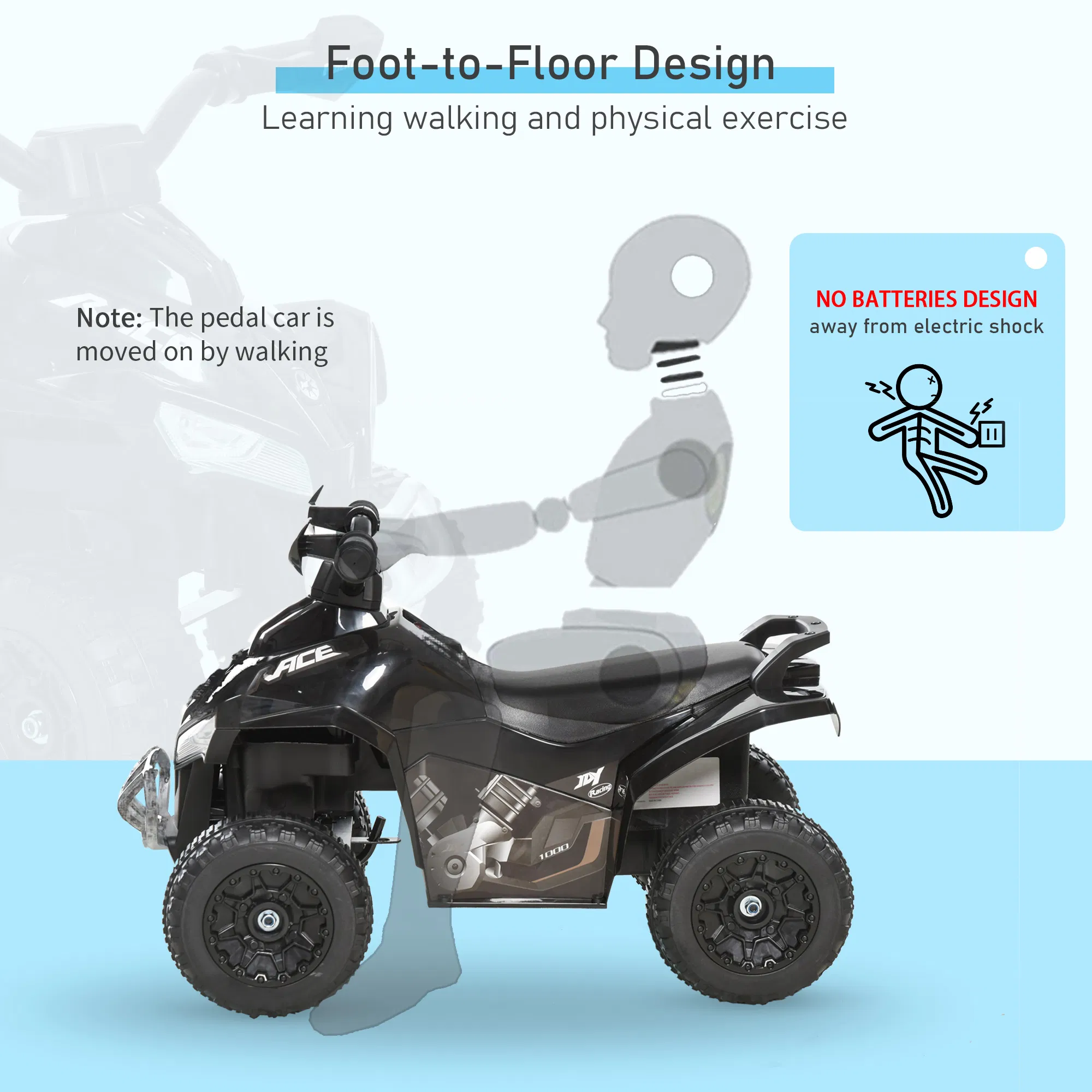 No Power 4 Wheels Ride on Toy for Kids, Foot To Floor Slider Toddler Ride-on Car with Music, Lightening, for 18-36 Months Black photo 3