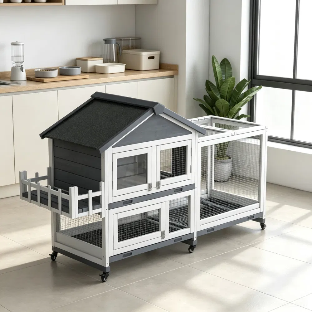 Gray 65" Spacious Wooden Rabbit Hutch: Pet Playpen with Openable Roof for Easy Access & Storage Box for Rabbits photo 2