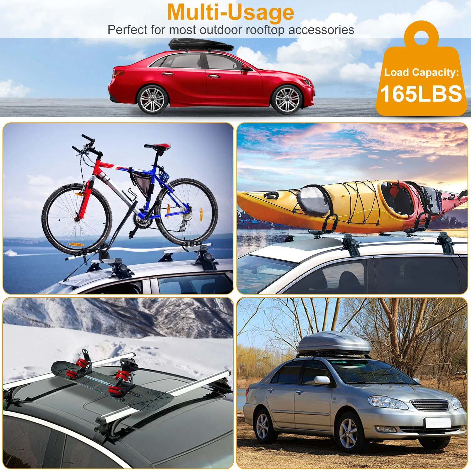 47.24in Universal Top Roof Rack Cross Bar Cargo Carrier Aluminum Crossbar Rack w/ 165LBS Capacity Fit for Most Vehicle Wagon Car Without Roof Side Rail photo 7