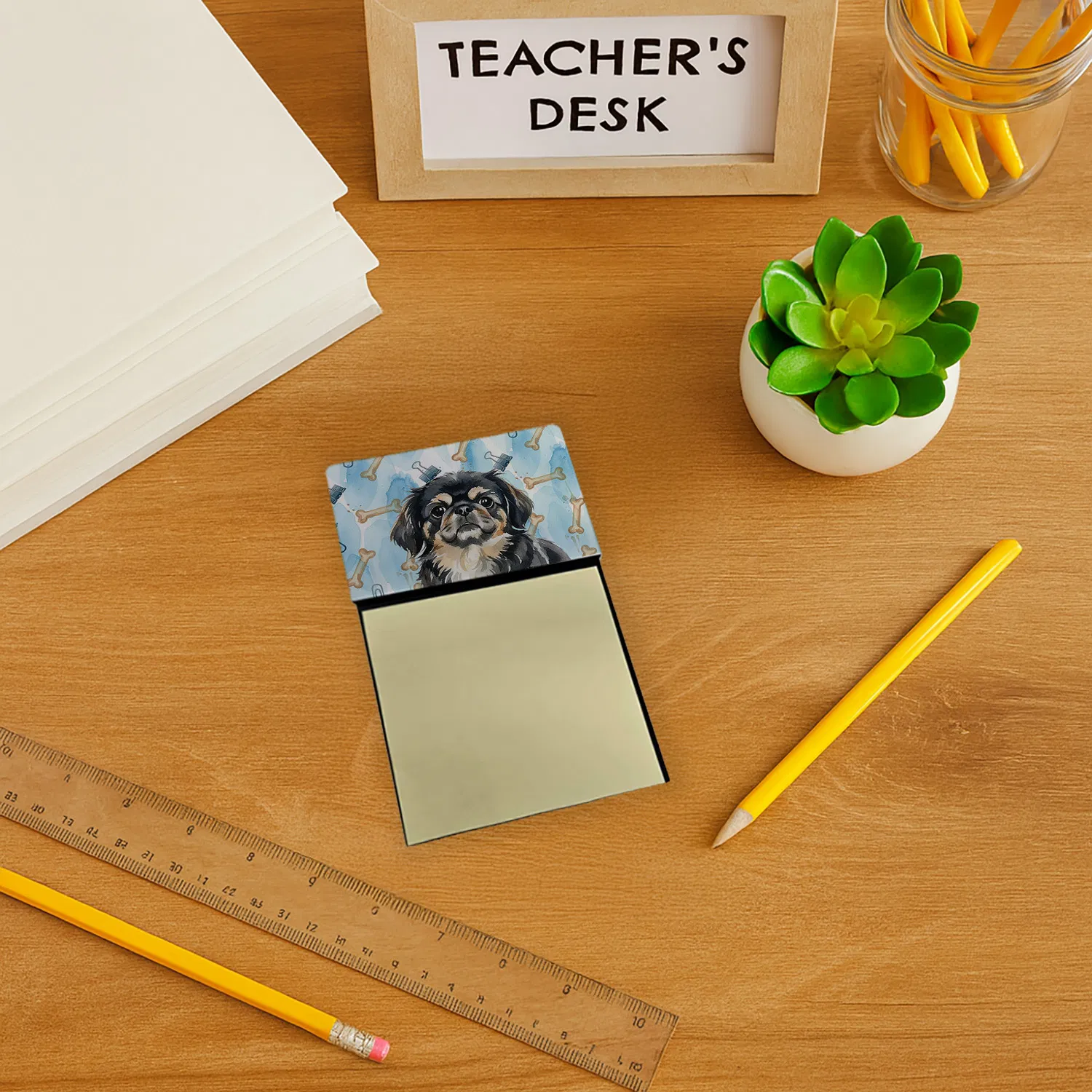 Black and Tan Pekingese Coworker Watercolor Sticky Note Holder Refillable Dispenser Desk Accessory 3x3 Pad Gift photo 3