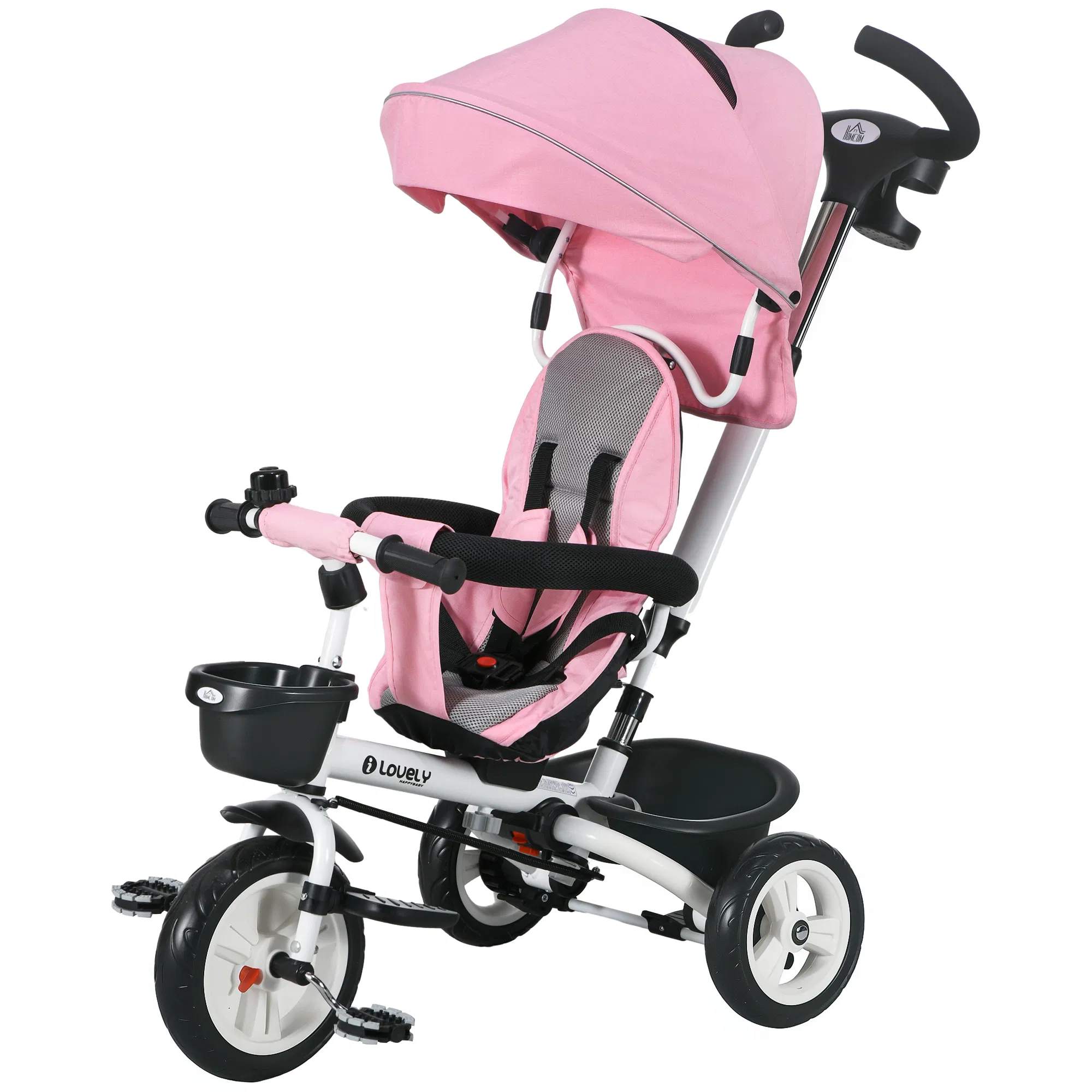 6 in 1 Toddler Tricycle with Parent Push Handle, Canopy, Storage Baskets, Cupholder, Pink photo 1