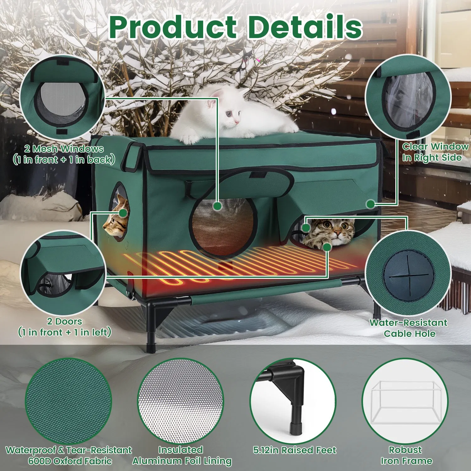 Waterproof Heated Cat House Outdoor Weatherproof Insulated Kitty Shelter Feral Cat Heating Bed with Heating Pad Anti-Chew Cord 2 Doors 3 Windows for Indoors Outdoors Winter Summer photo 3