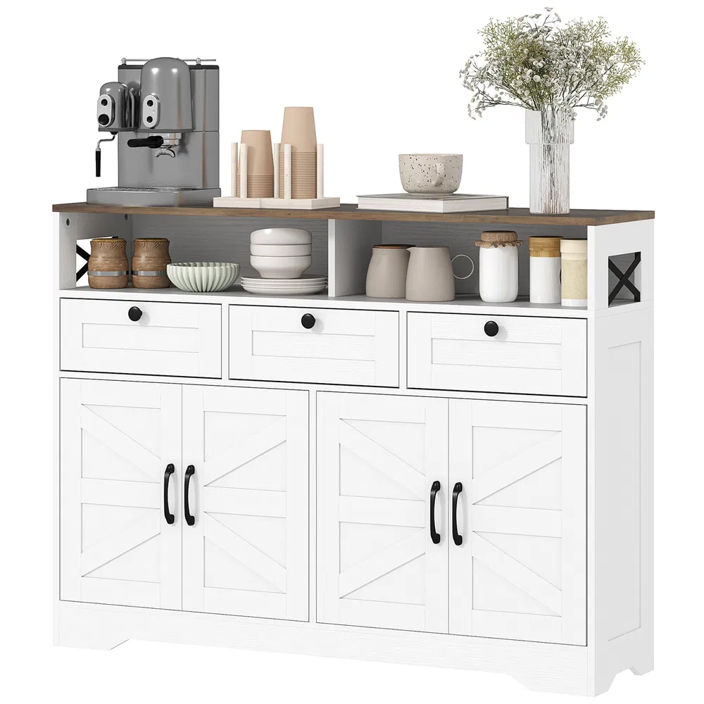 Sideboard, Buffet Cabinet with 4 Barn Doors and 3 Drawers, Coffee Bar Cabinet with Adjustable Shelves, White photo 2