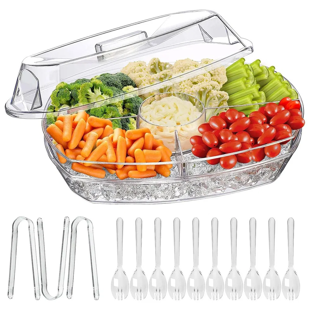 Fruit Ice Serving Tray Chilled Veggie Tray Shrimp Cocktail Serving Dish Appetizer Party Serving Platter Cold Food Buffet Server with Lid and 4 Compartments 3 Tongs 10 Sporks photo 2