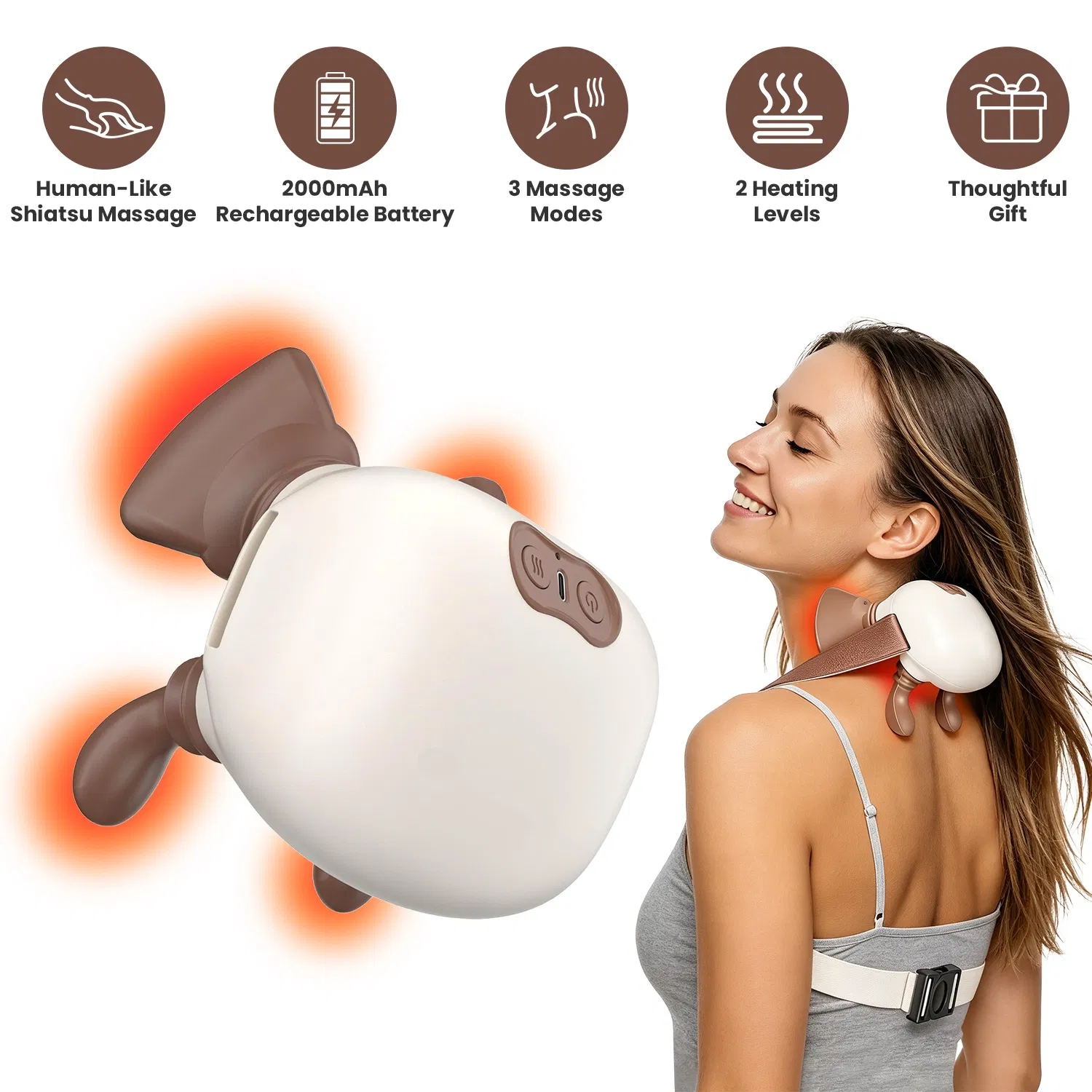 Cordless Shiatsu Neck Massager with Heat, 4 Silicone Massage Nodes, 3 Intensity Levels & 2 Heat Settings, 2000mAh Rechargeable with 10 Mins Timer, Deep Tissue Massager for Neck Shoulder Back Leg photo 1
