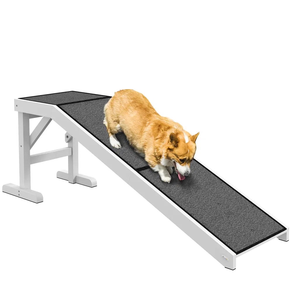 Pet Ramp Bed Steps for Dogs Cats Non-slip Carpet Top Platform Pine Wood 59"L x 16"W x 20"H White photo 2