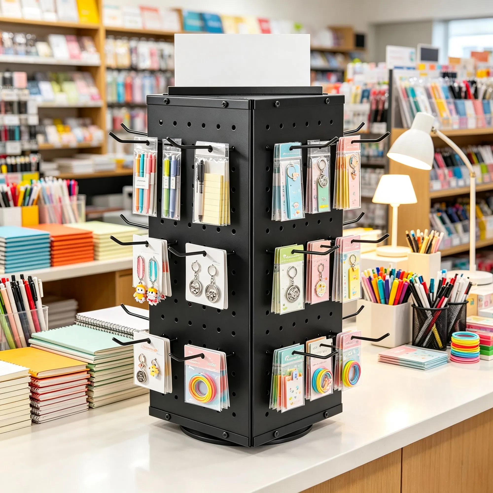 7.4 x 7.4 x 17 in Rotating Pegboard Display Stand, 4-Sided Spinning Retail Organizer with 24 Hooks for Grocery & Jewelry Shop photo 4