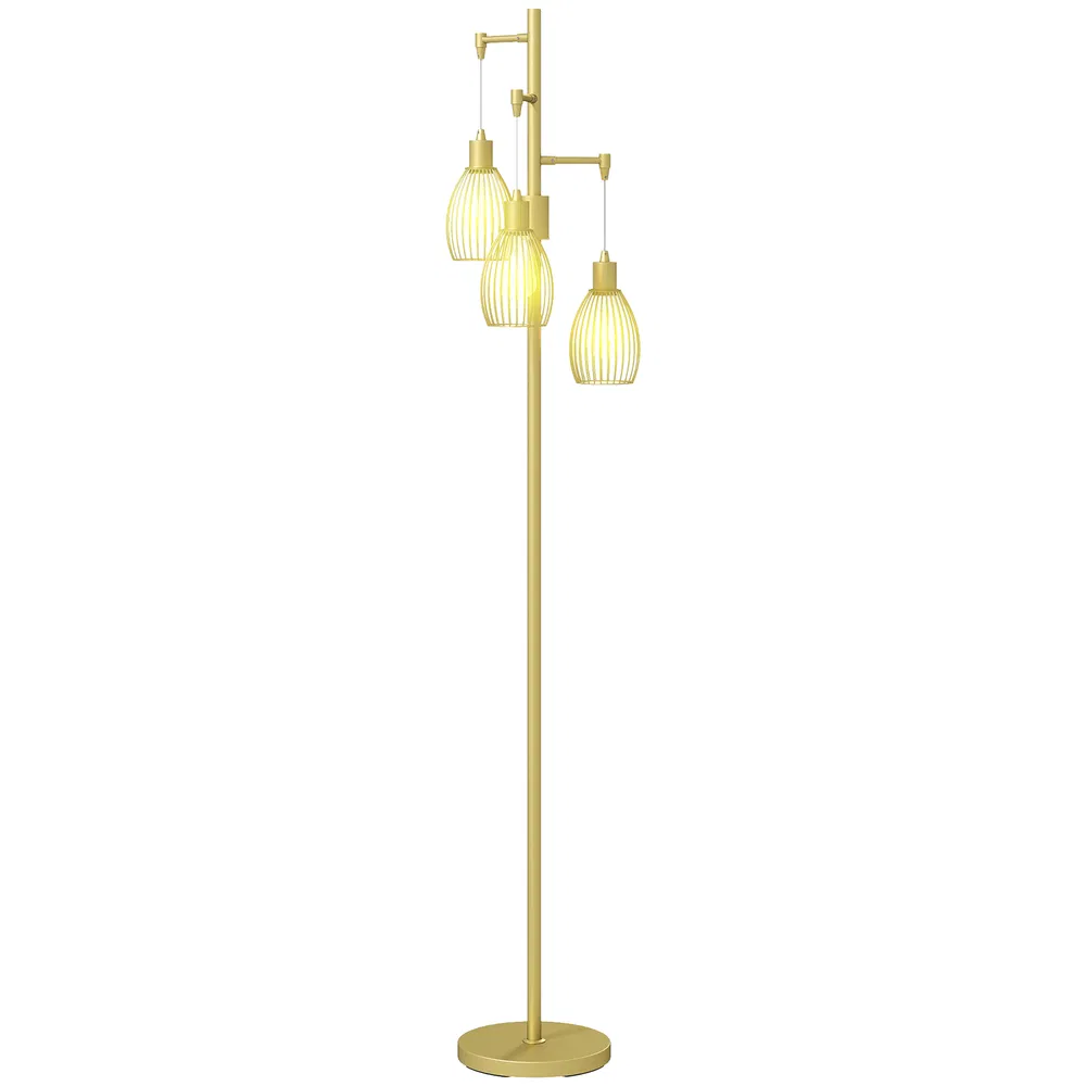 Industrial Floor Lamp with 3 Hanging Wire Lampshades, Dimmable Standing Lamp for Living Room, Gold photo 2