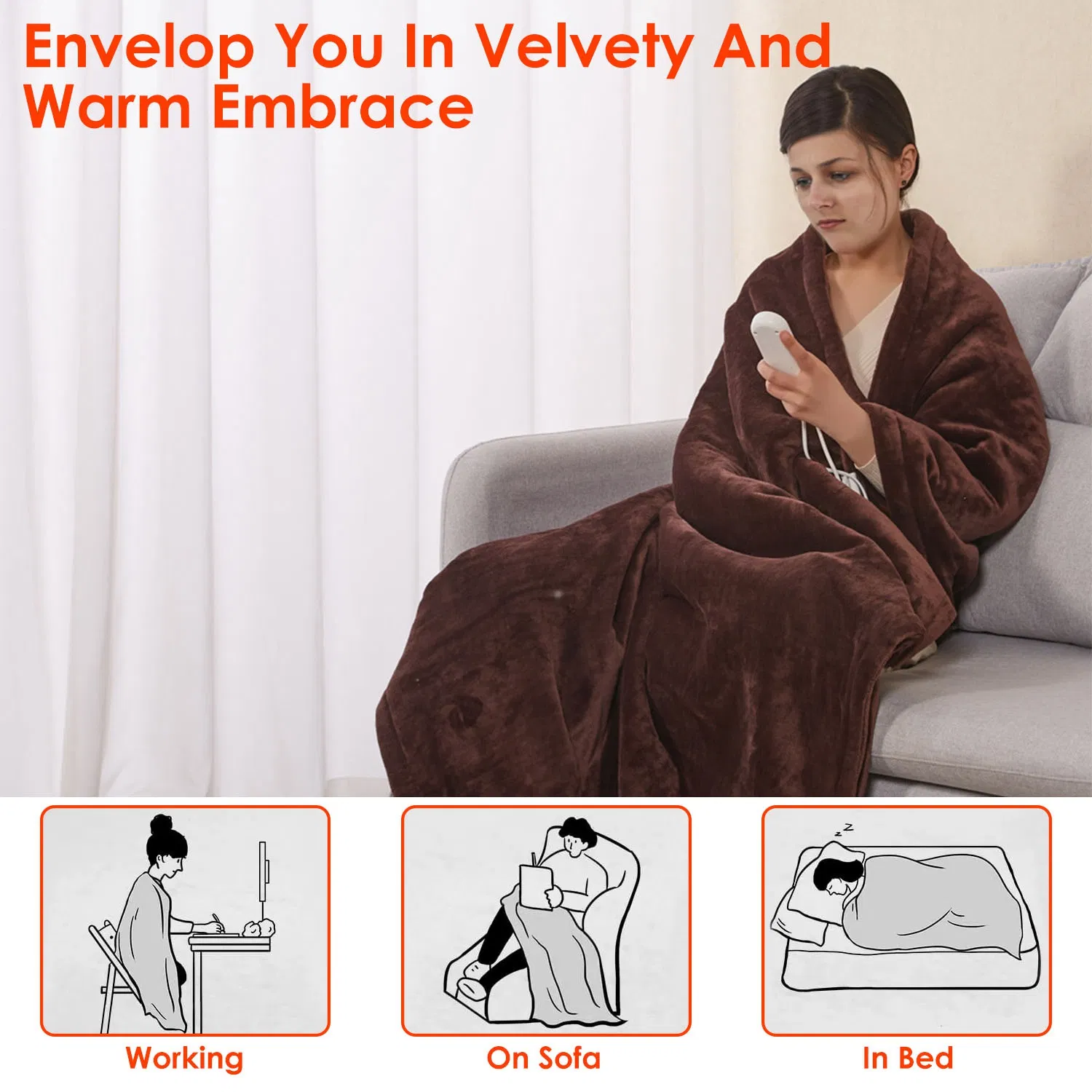 Electric Heated Flannel Throw Heated Blanket with 6 Heat Settings 1-8 Hours Auto off Washable for Home Office Usage 59x50in photo 2