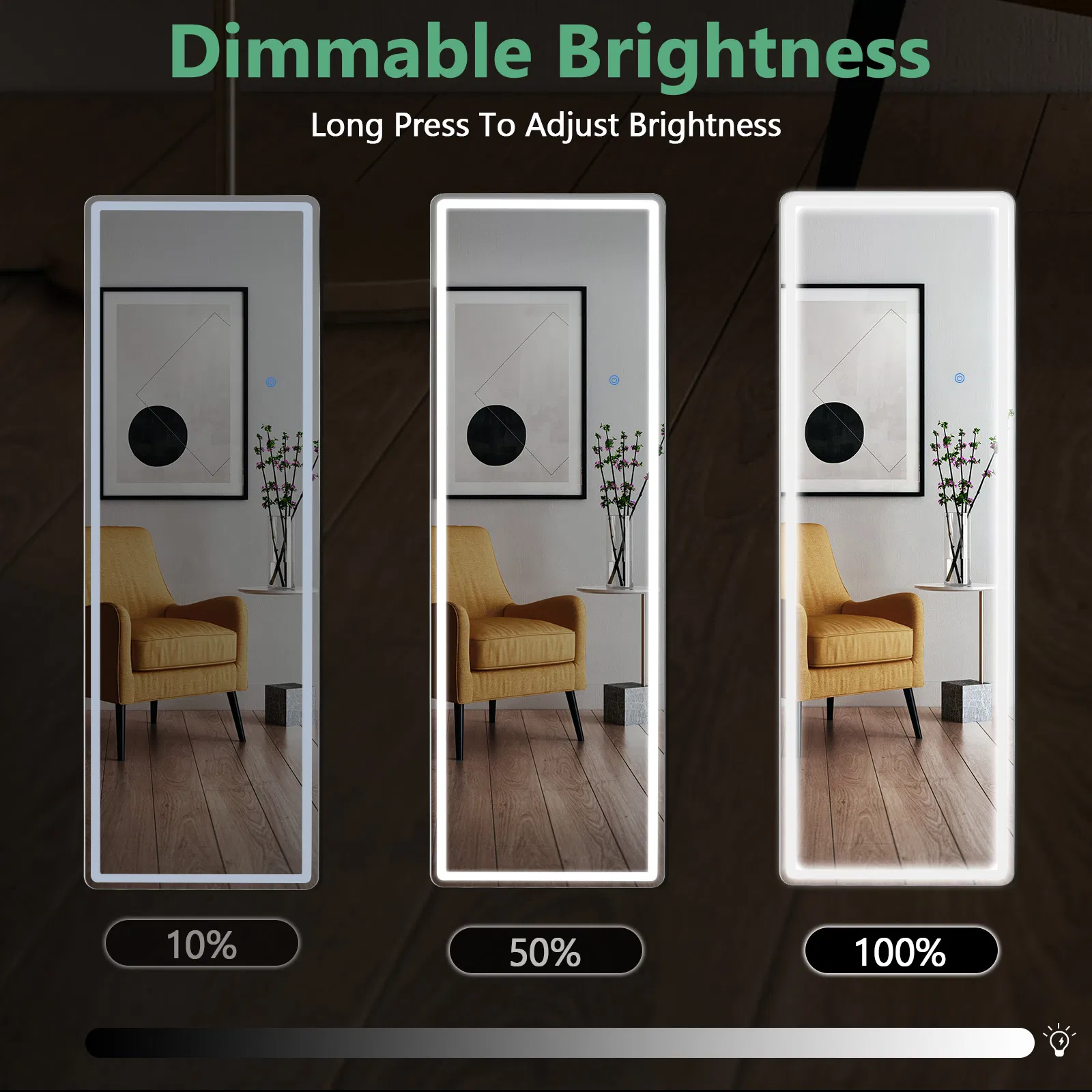 3 Color Lighting Mirror with LED Lights, 64"x21" Lighted Floor Standing Mirror with Stand, Wall Mounted Hanging photo 6