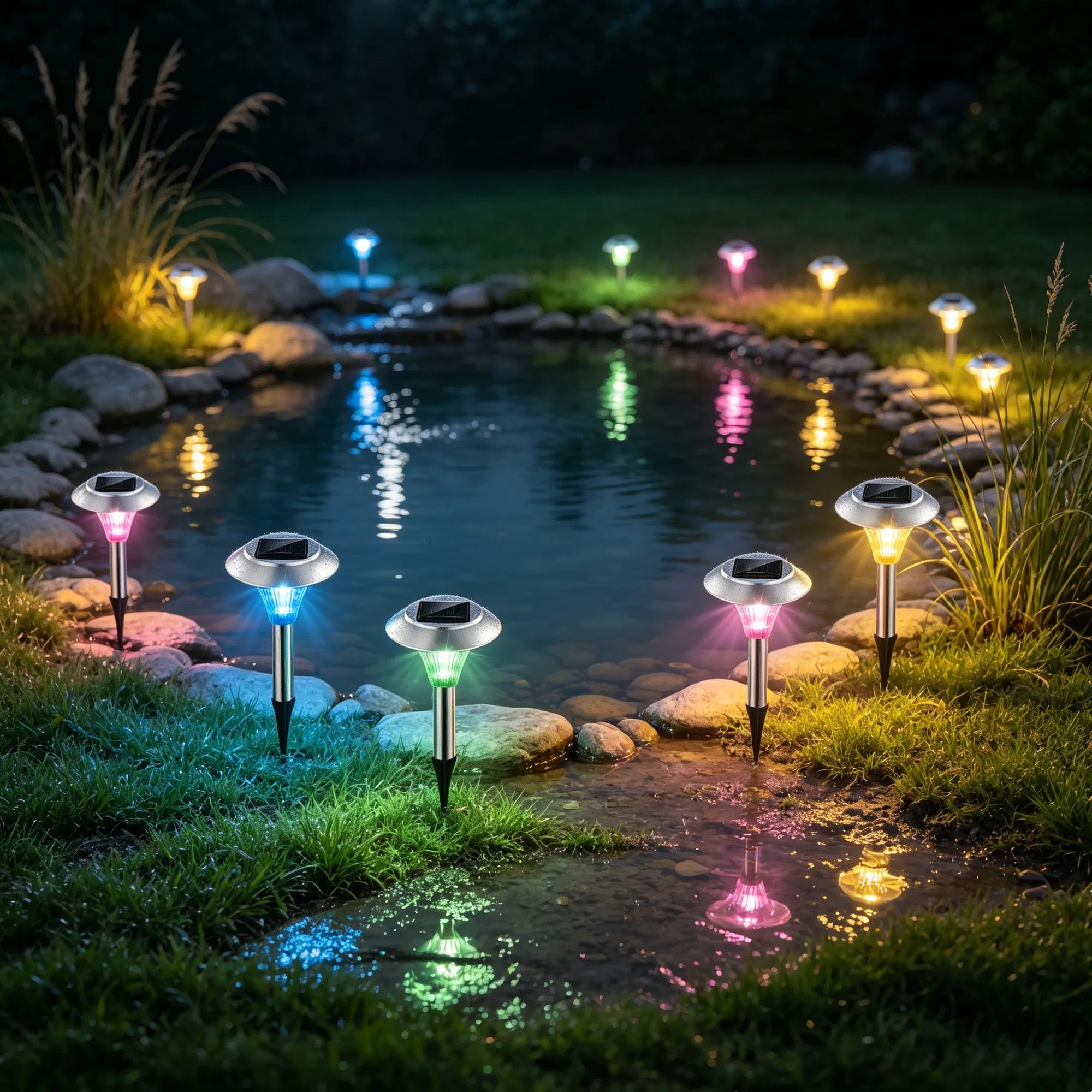 4 Packs Outdoor Solar Garden Pathway Lights, Color Changing LED Landscape Lighting, IP44 Weather-Resistant Stainless-Steel , PC Lights for Backyard Walkway photo 1