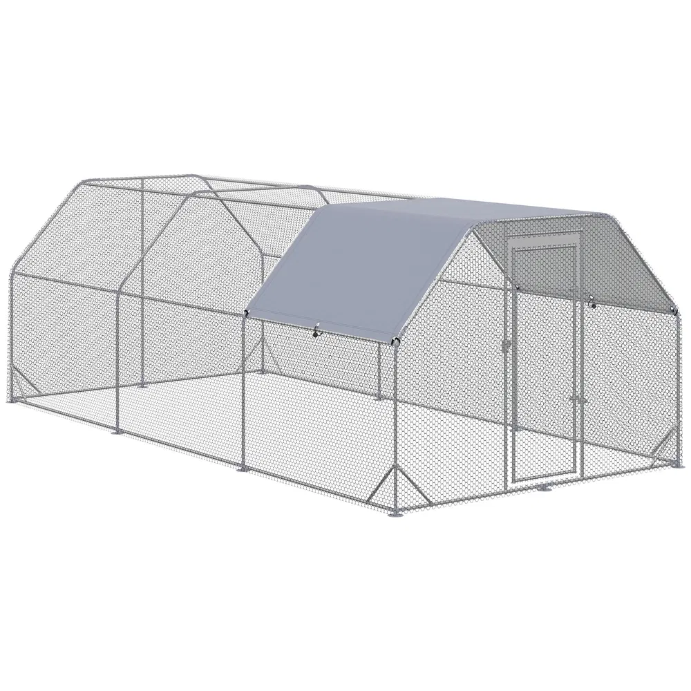 Chicken Run, Galvanized Large Metal Chicken Coop Cage, Walk-in Enclosure Poultry Hen Run House Playpen Rabbit Hutch with Flat Roof, Cover, 9.2' x 18.7' x 6.5', Silver photo 2