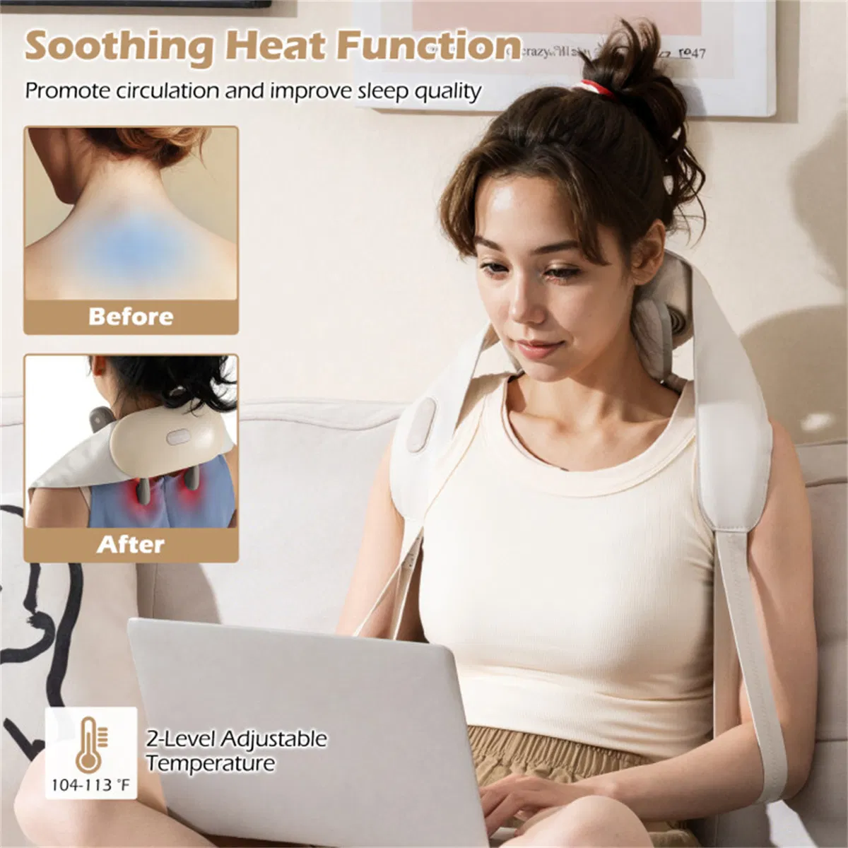 Neck Shoulder Massager - 4D Deep Tissue Kneading, 2 Modes & 2-Level Heat (104-113°F), Hands-Free Straps for Home/Office/Travel photo 5