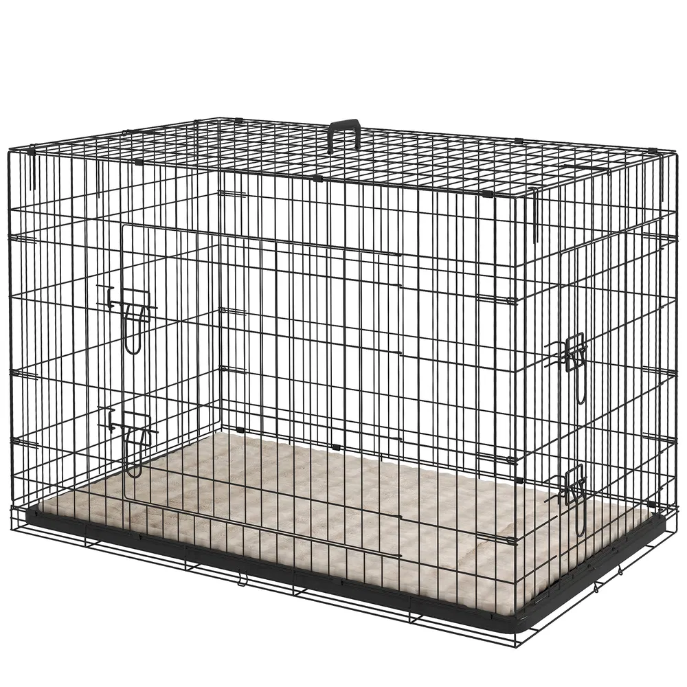 41" Dog Crate with 2 Doors, Folding Metal Dog Cage with Soft Cushion, Removable Tray, Handle, for Small Dogs, Black photo 2