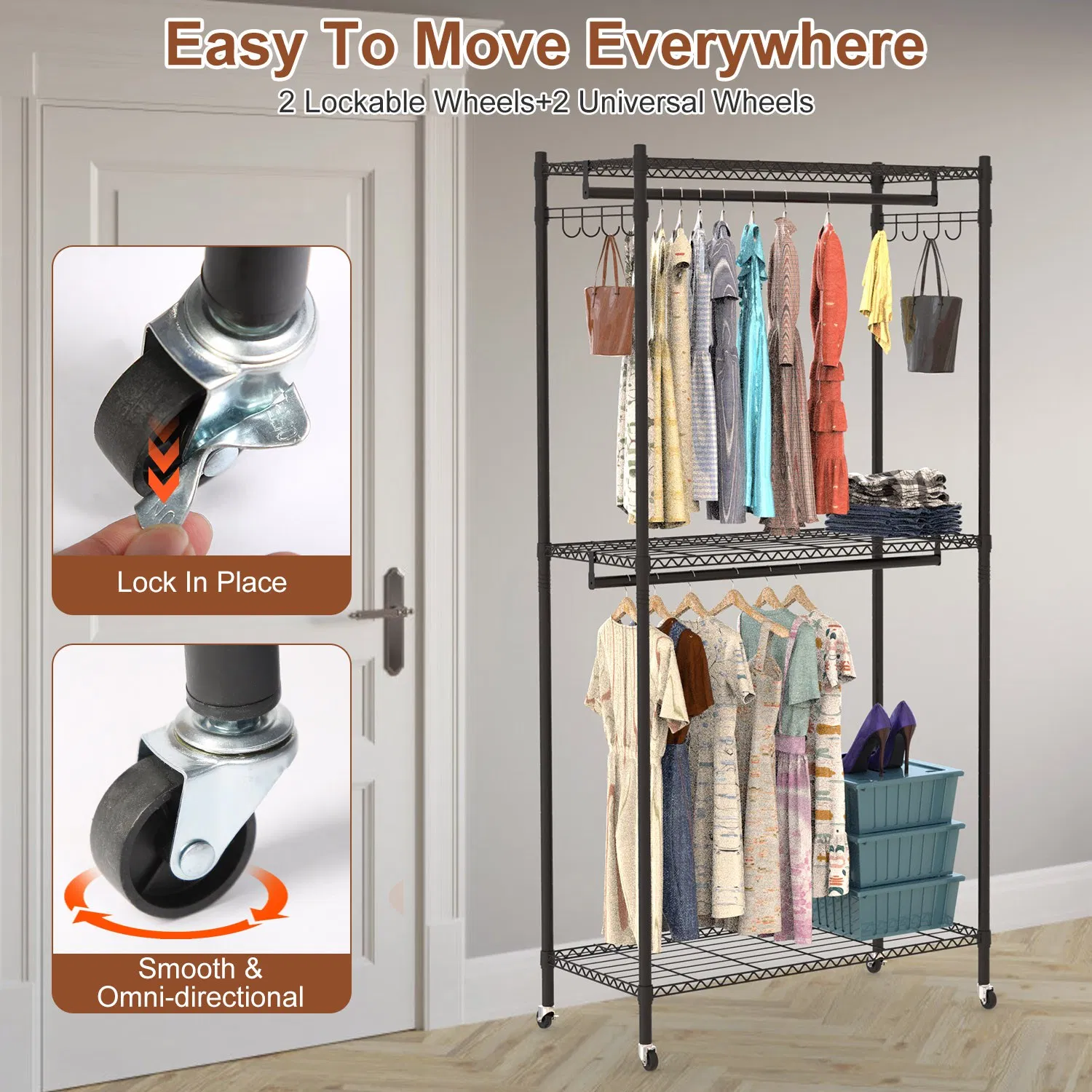 2 Tier Clothing Rack With Cover Portable Wardrobe Closet Covered Garment Rack with 4 Wheels 2 Hanging Rods 2 Hook Racks 35.43x17.13x72.44in photo 5