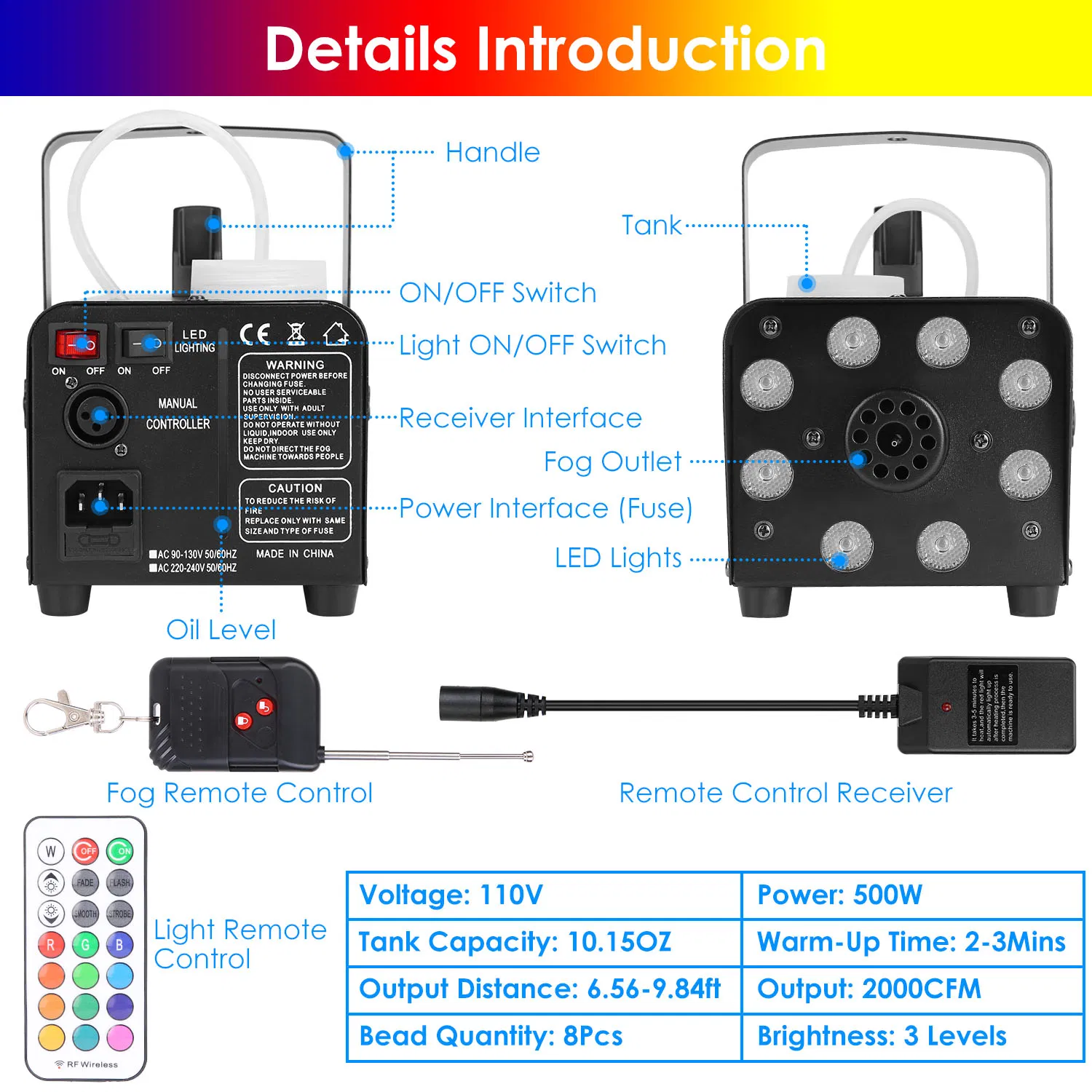 500W Fog Machine 2000CFM Colorful Smoke Machine with 8Pcs LEDs 5 Lighting Effects 3-Level Brightness photo 8