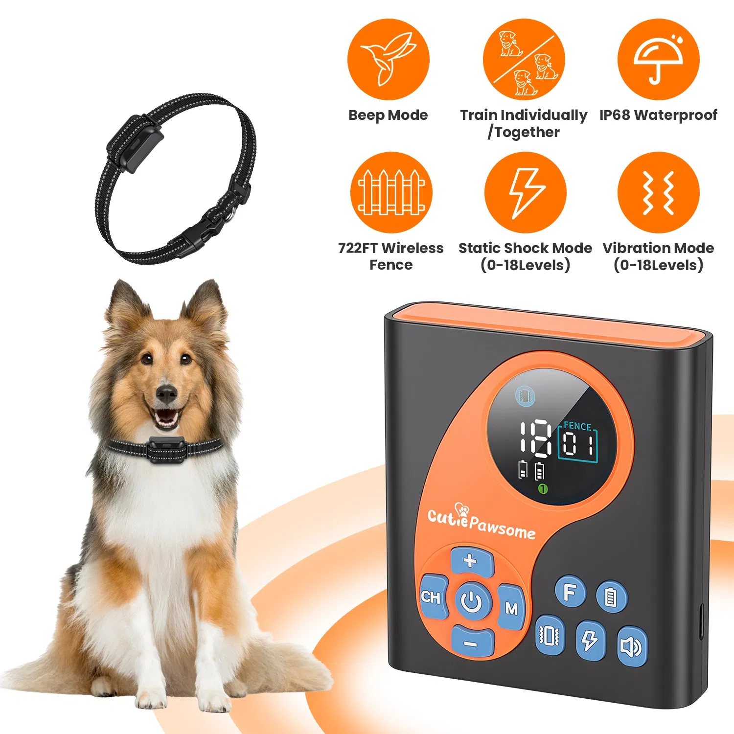2 In 1 Wireless Dog Fence System with 1/2 Training Collars(Options) Invisible Dog Fence IP68 Waterproof with 722FT Adjustable Range Beep Vibration Static Shock photo 1