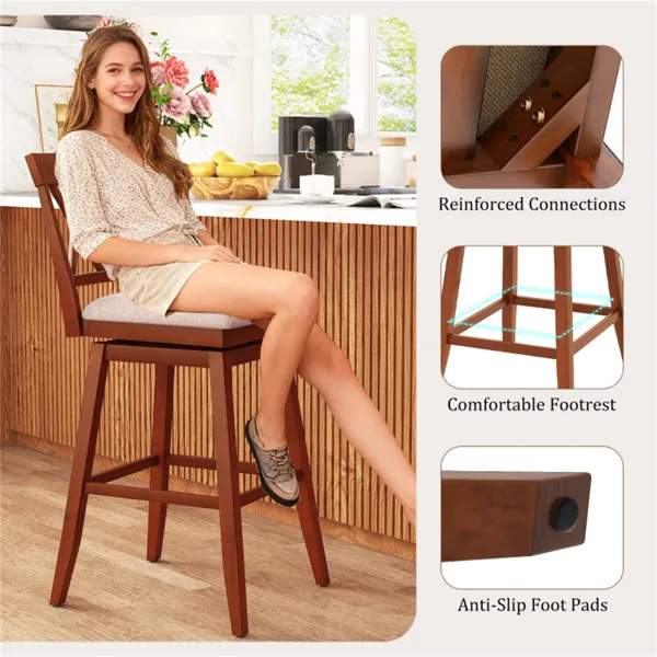 2-Pack 29" Swivel Bar Stools - Solid Rubber Wood Frame, Ergonomic Curved Backrest photo 6