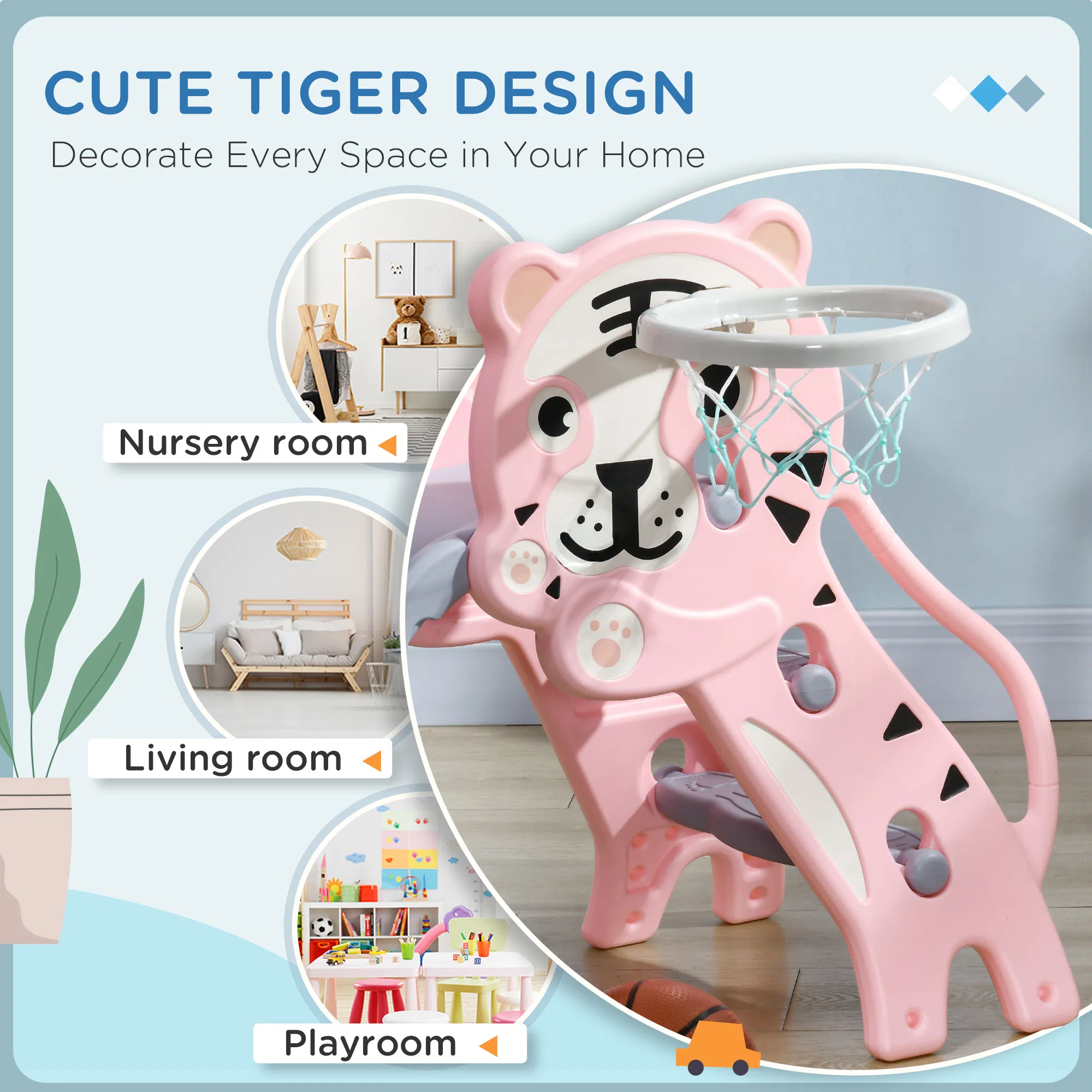 3 in 1 Slide for Toddlers, Kids Slide Playset with Basketball Hoop, Climber, for 18-36 Months, Pink photo 4