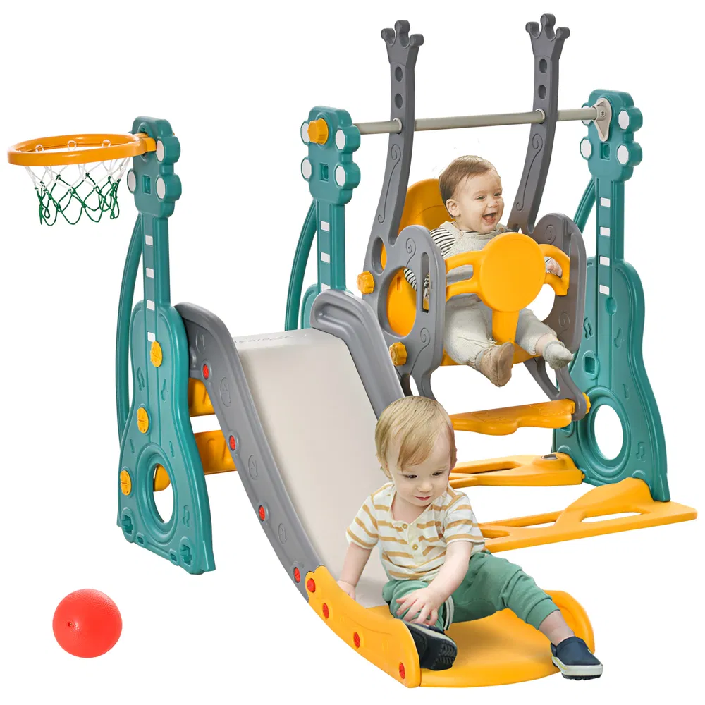 4-in-1 Kids Slide and Swing Set with Basketball Hoop and Adjustable Seat Height, Toddler Play Climber Slide Playset for Indoor and Outdoor Playground Activity Center photo 2